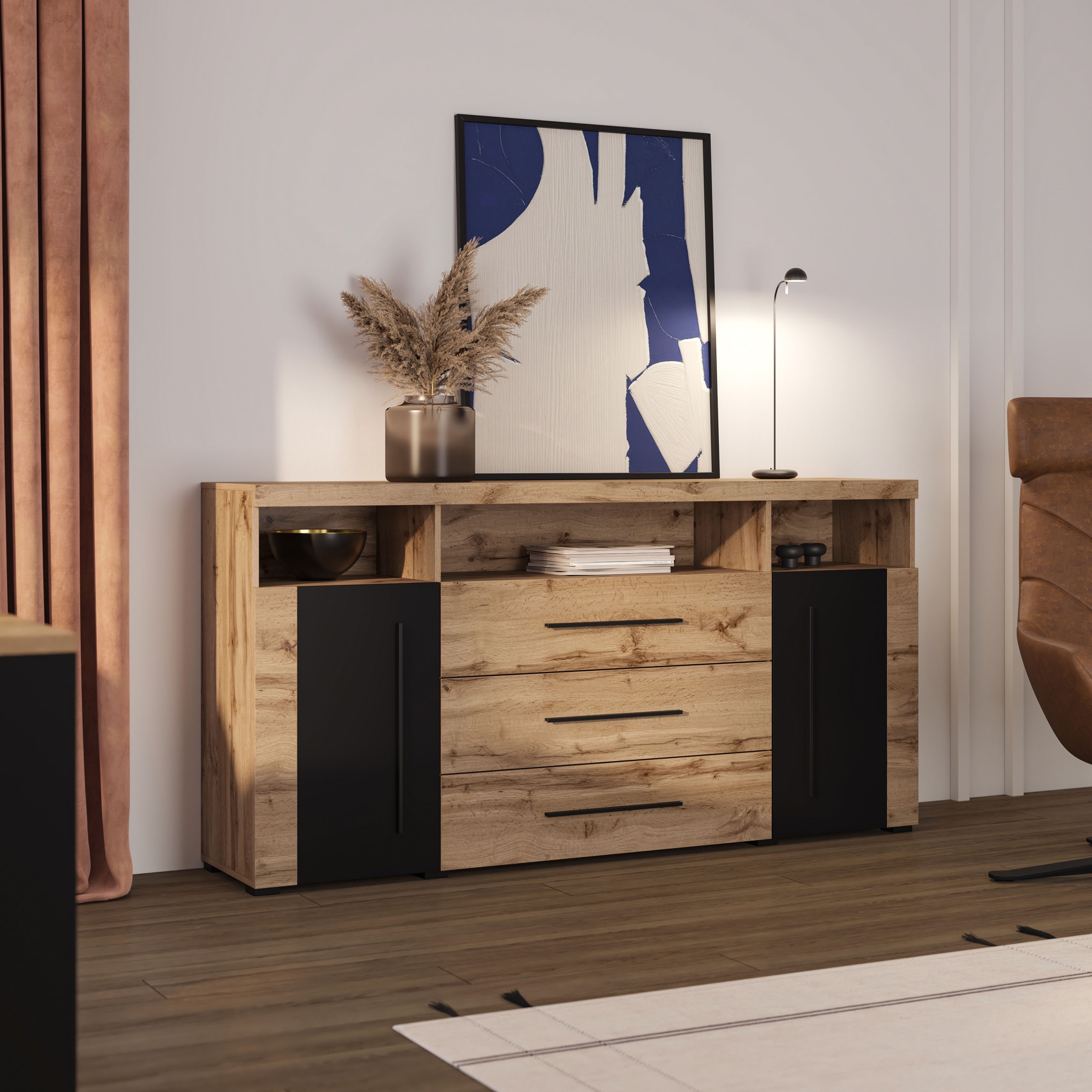 INOSIGN Sideboard »Roger,Breite 182cm, stilvolle Schrank, 2 Holztüren 3 Schubladen«, Kommode mit viel Stauraum, Einlegeböden verstellbar
