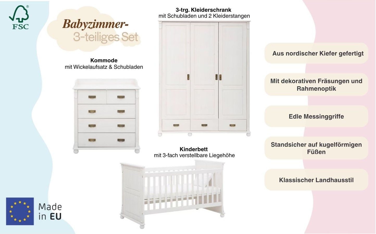 OTTO home Babyzimmer-Komplettset »"Aimo", Landhausstil, stabile Qualität, edles Design, Messinggriffe« Set, Kinderbett, Schrank, Wickelkommode, 3 Stk. tlg. aus Massivholz; FSC®-Holz aus gewissenhaft bewirtschafteten Wäldern
