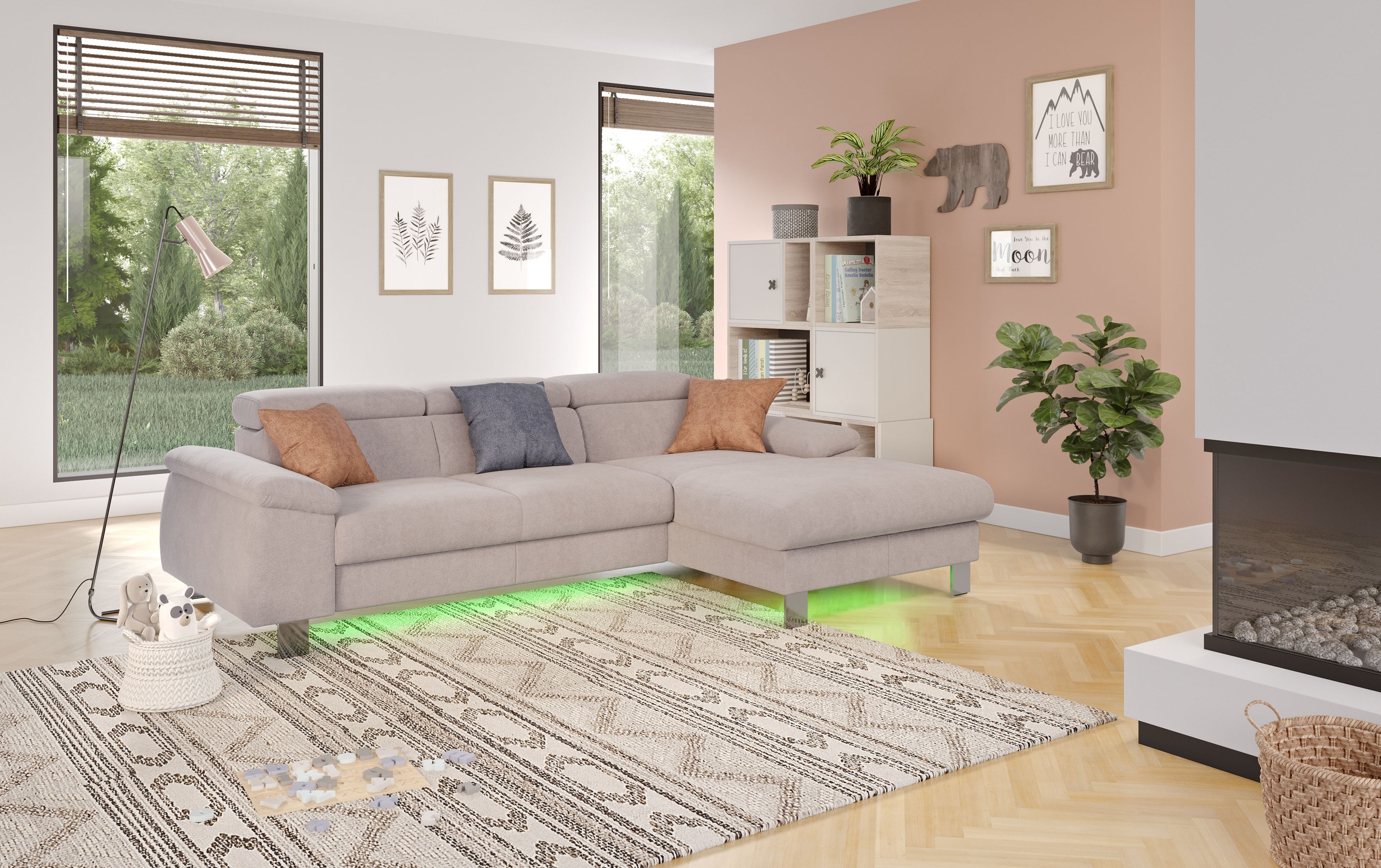 COTTA Ecksofa Komaris, Ecksofa, wahlweise mit RGB-LED-Beleuchtung und Bettfunktion/Bettkasten