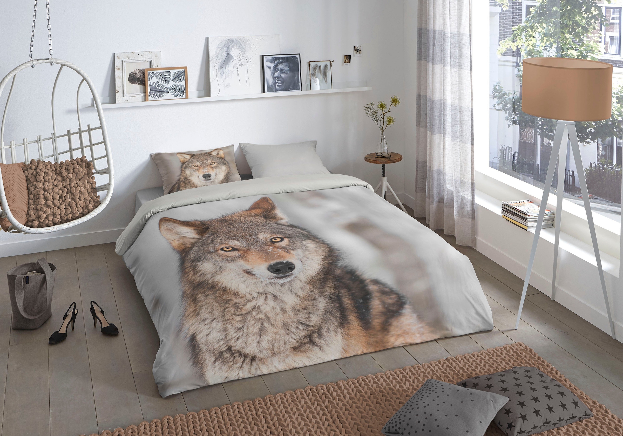 good morning Wendebettwäsche »Wolf«, Biber, 135x200, Winter, Warm, Reißverschluss, Wendeoptik, Wolf