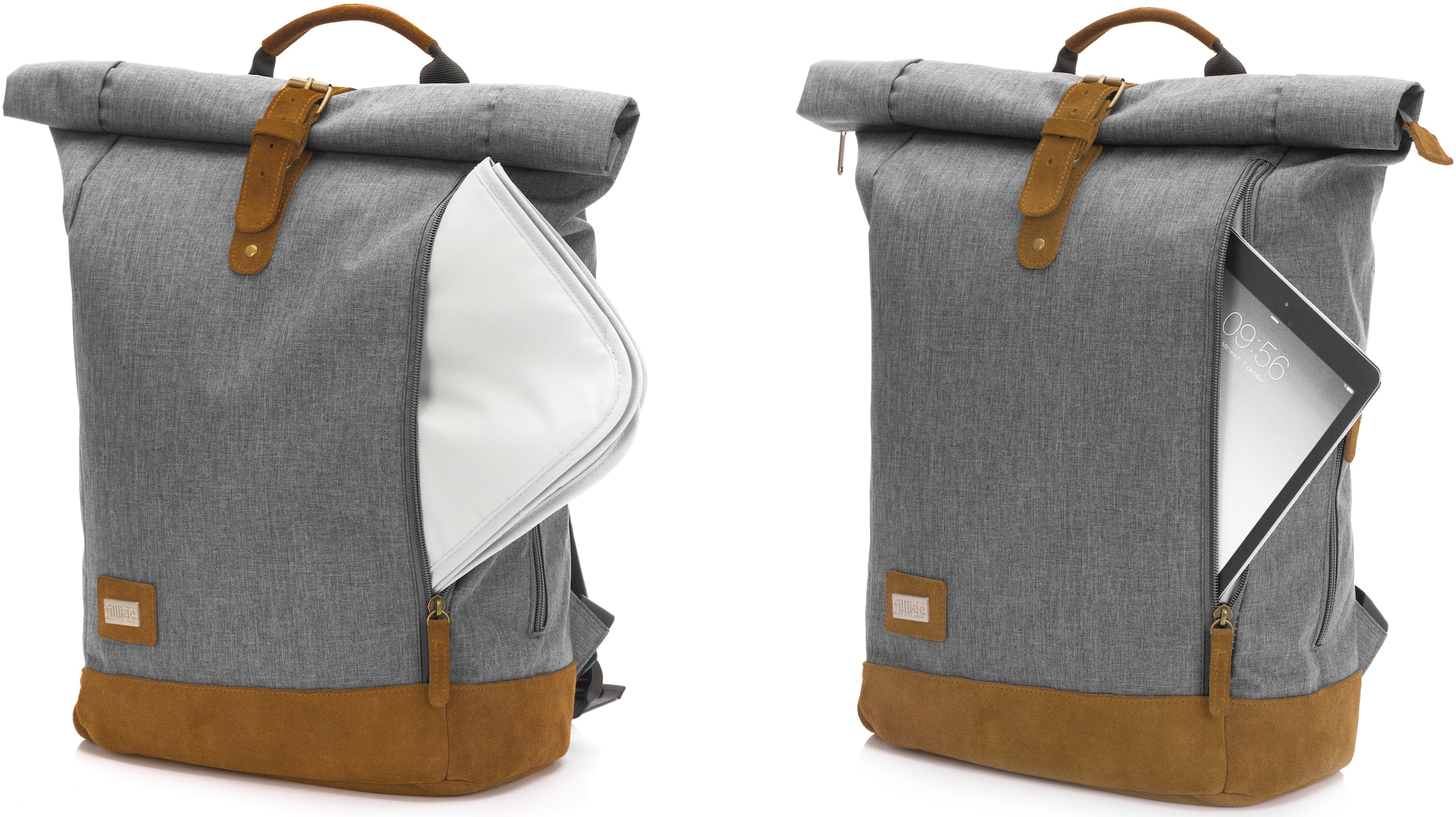 Fillikid Wickelrucksack »Rolltop Berlin, grau melange«, Reflektoren, inkl. Wickeltunterlage