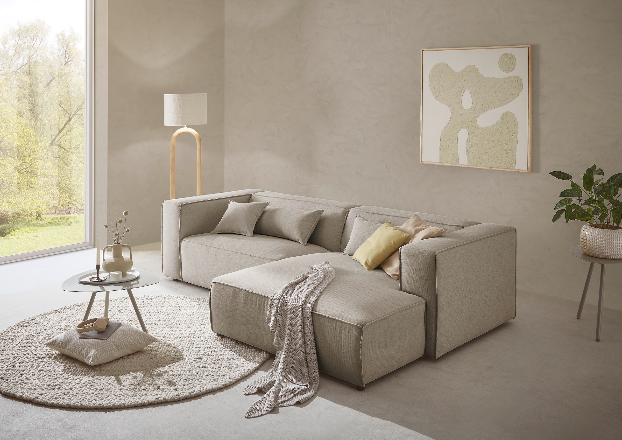 LeGer Home by Lena Gercke Ecksofa »PIARA mit Kedernaht in Cord oder Leinenoptik, moderne Couch in L-Form«, wahlweise Ottomane rechts/links, schwarze Füße, bequemer Sitzkomfort