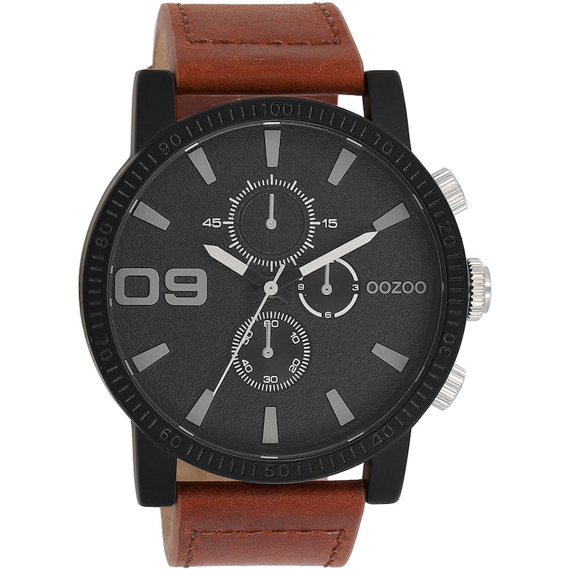 OOZOO Quarzuhr Armbanduhr, Herrenuhr, Lederarmband, Chrono-Look braun-schwarz Zeitlos schöne Armbanduhr für Herren im Chrono-Look