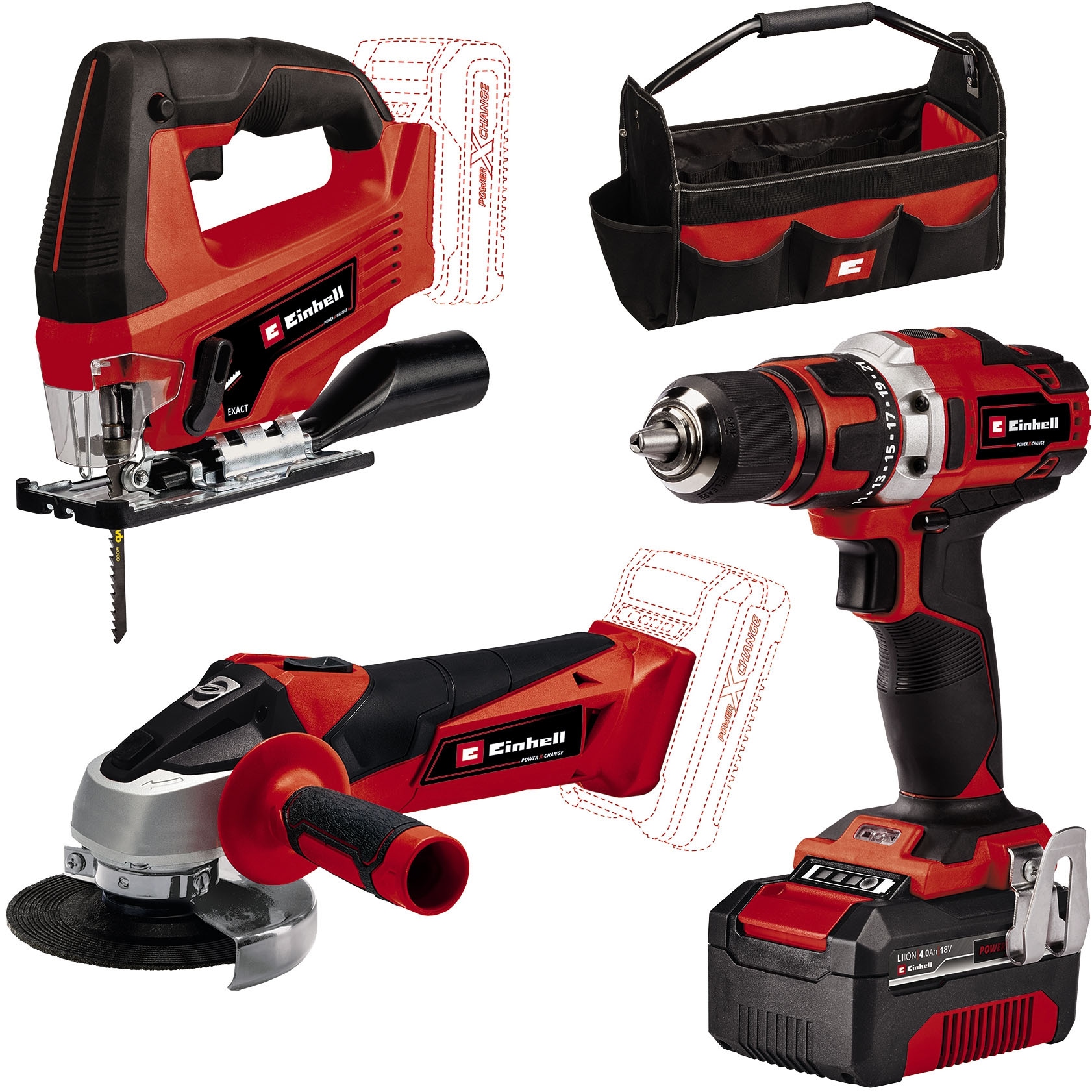 Einhell Elektrowerkzeug-Set »TE-TK 18/3 Li Kit (JS+CD+AG)«, (Set, 13 tlg.), Akku-Bohrschrauber, -Winkelschleifer und -Stichsäge, Tasche