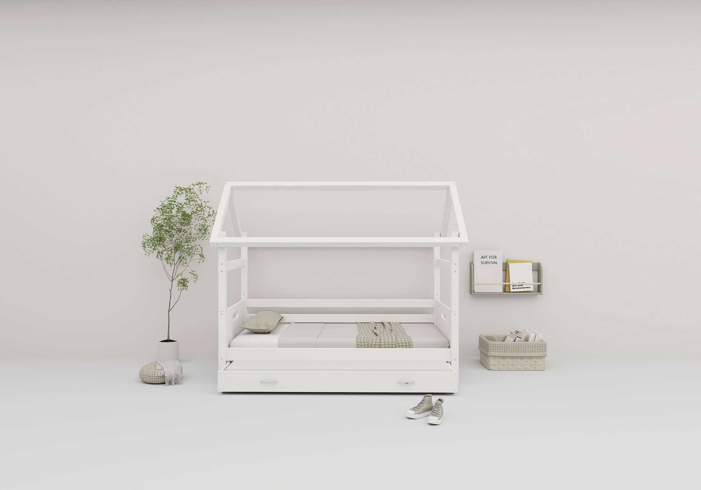 Hausbett “ Nordic“, Kinderbett im Skandinavisches Design, incl Rollrost, weiß Hintere Absturzsicherung in Kiefer-Ausziehbett