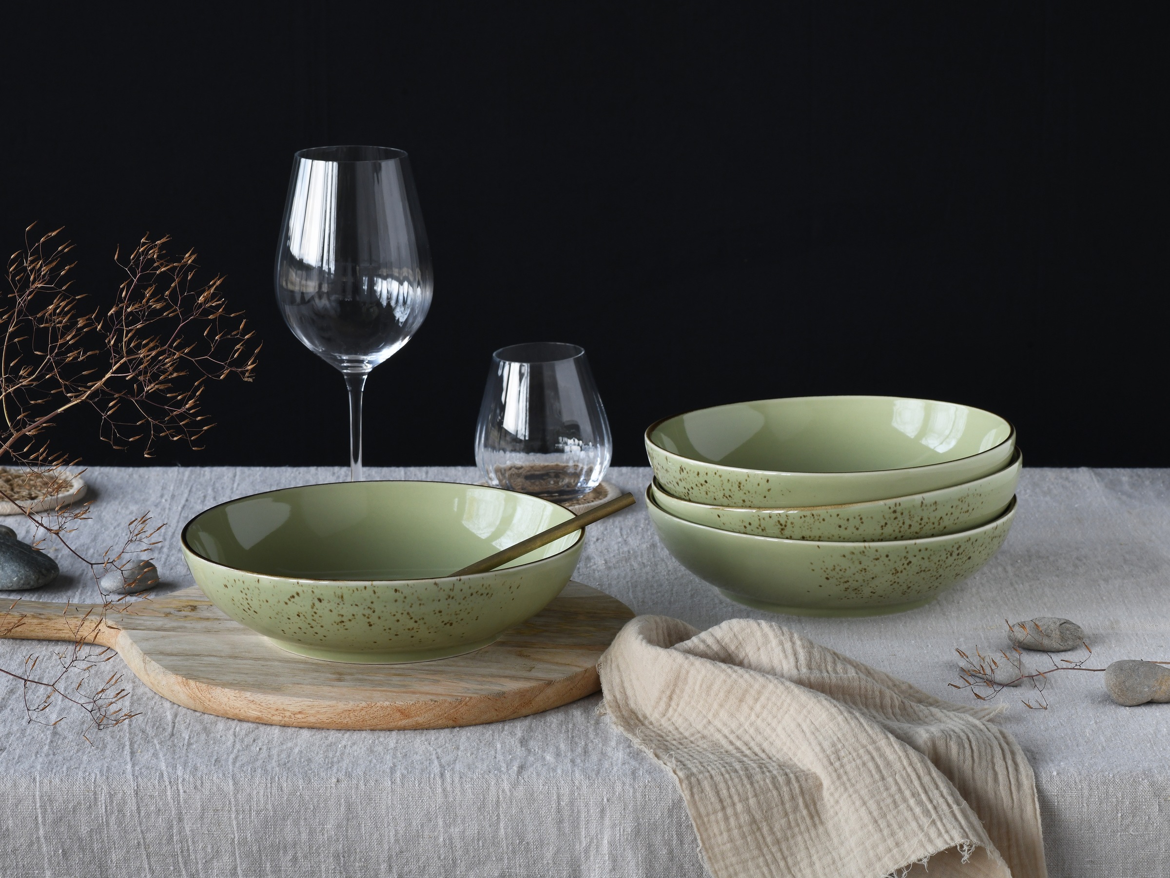 CreaTable Schale »Nature Collection, Poke Bowl, Ø 22,5 cm, 4-tlg«, 4 tlg., aus Steinzeug, Handwerklicher Look, Vintage, Höhe 5 cm