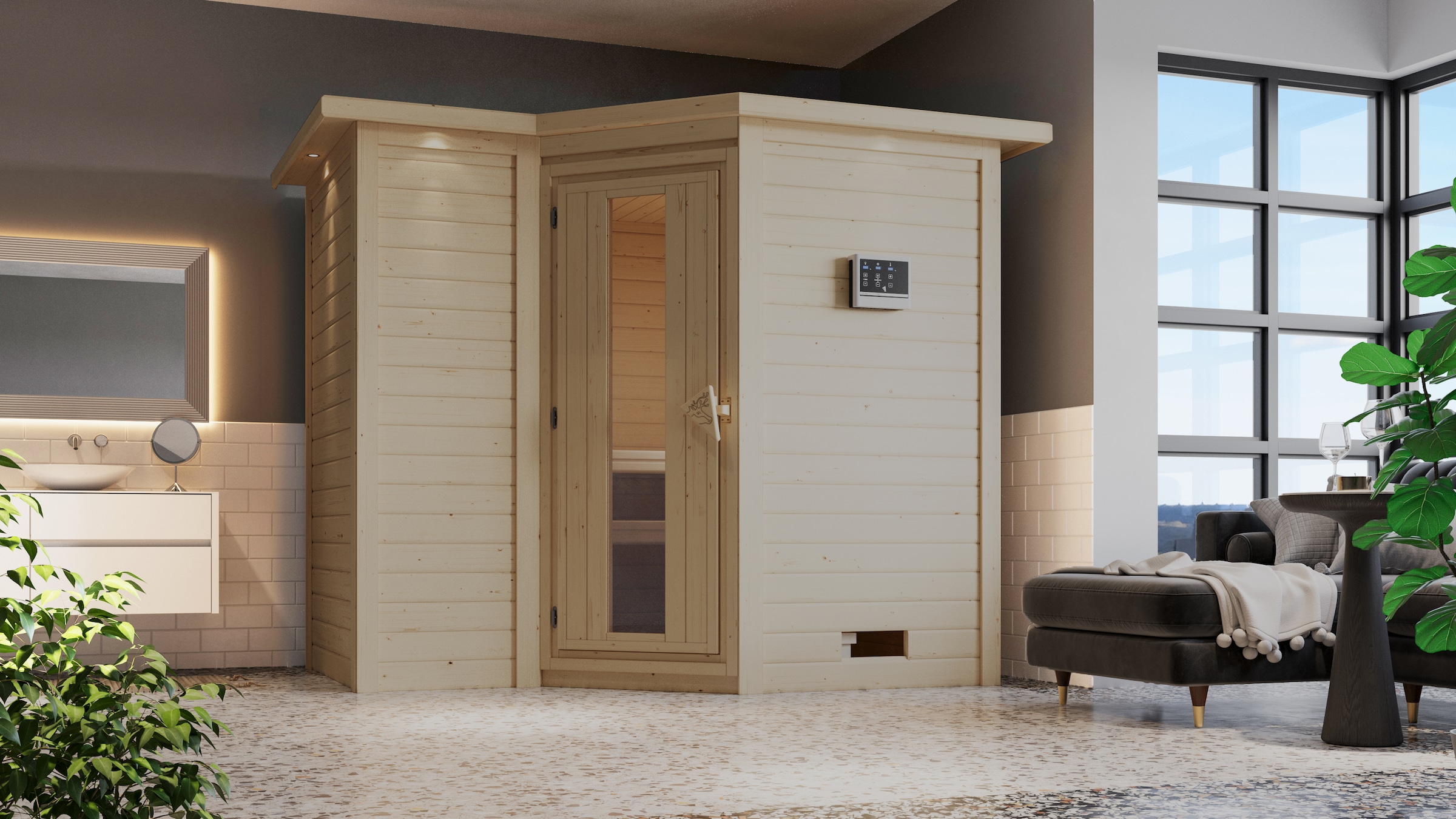 Karibu Sauna »Sanna 2«, 9-kW-Ofen mit externer Steuerung