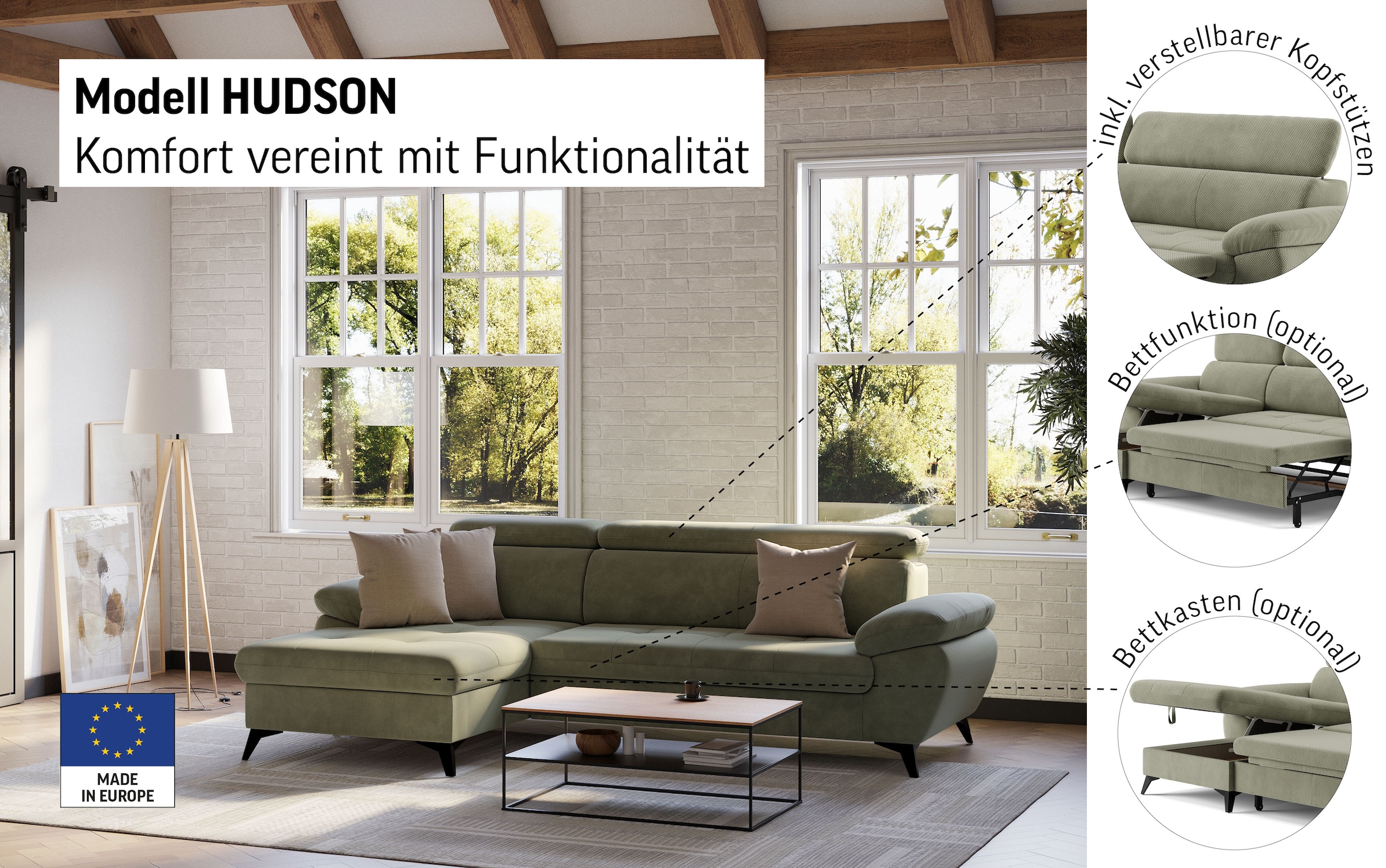 COTTA Ecksofa »Hudson L-Form«, mit Kopfteilverstellung, wahlweise mit Bettfunktion & Bettkasten