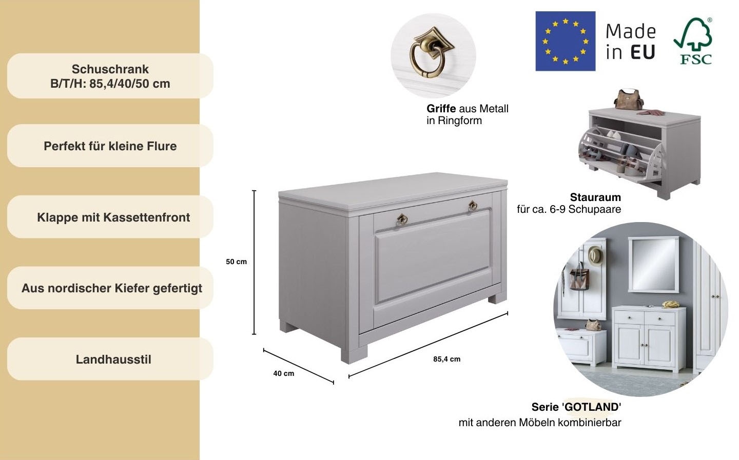 Home affaire Sitzbank »Gotland inkl. Schuhtrommel für ca. 6-9 Paar Schuhe«, aus massiver Kiefer, FSC®-zertifiziert, Breite 85 cm