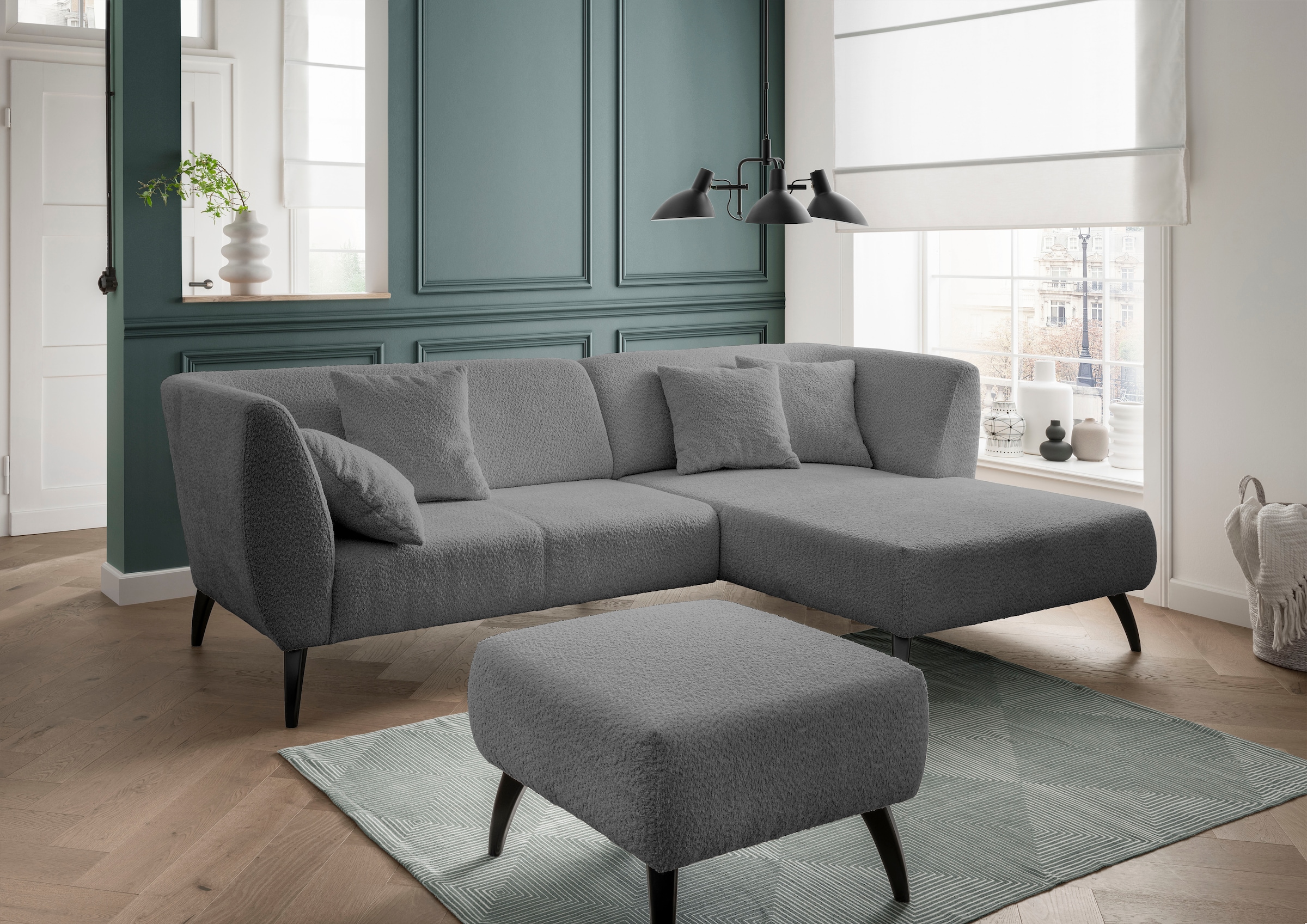 INOSIGN Ecksofa »Colori L-Form«, Holzfußfarbe wählbar, inkl. 4x Zierkissen günstig online kaufen