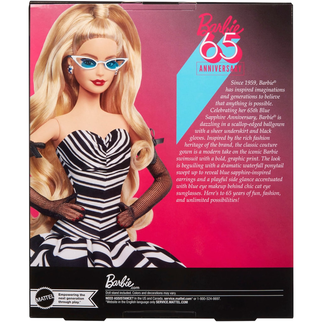 Barbie Anziehpuppe »Barbie Signature, Sammlerpuppe zum 65. Jubiläum mit blonden Haaren«, und schwarz-weißer Robe