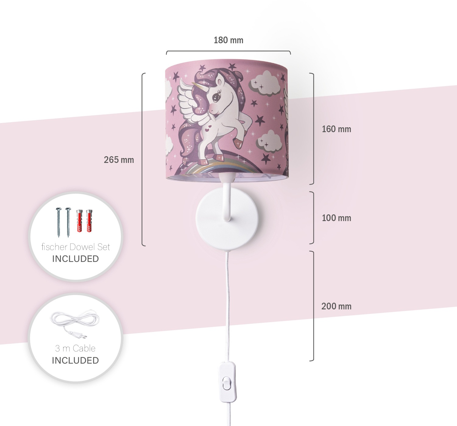 Paco Home Wandleuchte »Cosmo 213«, 1 flammig, Leuchtmittel E14 | ohne Leuchtmittel, Kinderlampe Mit âˆ…18cm Einhorn Regenbogen Kabellänge 3m E14