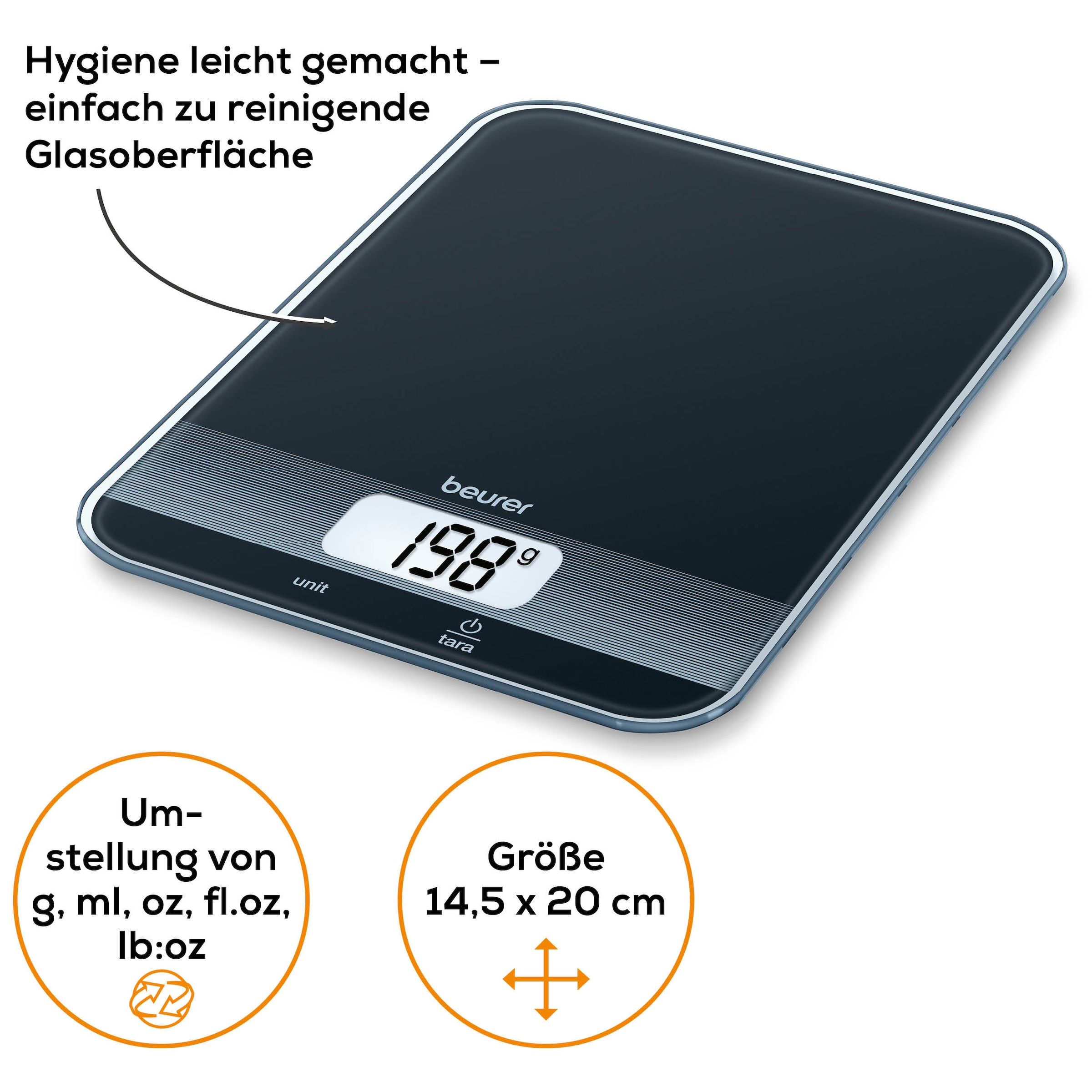 BEURER Küchenwaage »KS 19 flaches Design mit 16 mm, leicht zu reinigende Glasoberfläche« Koch- und Backwaage mit 5 kg Tragkraft, mit Tara-Zuwiegefunktion
