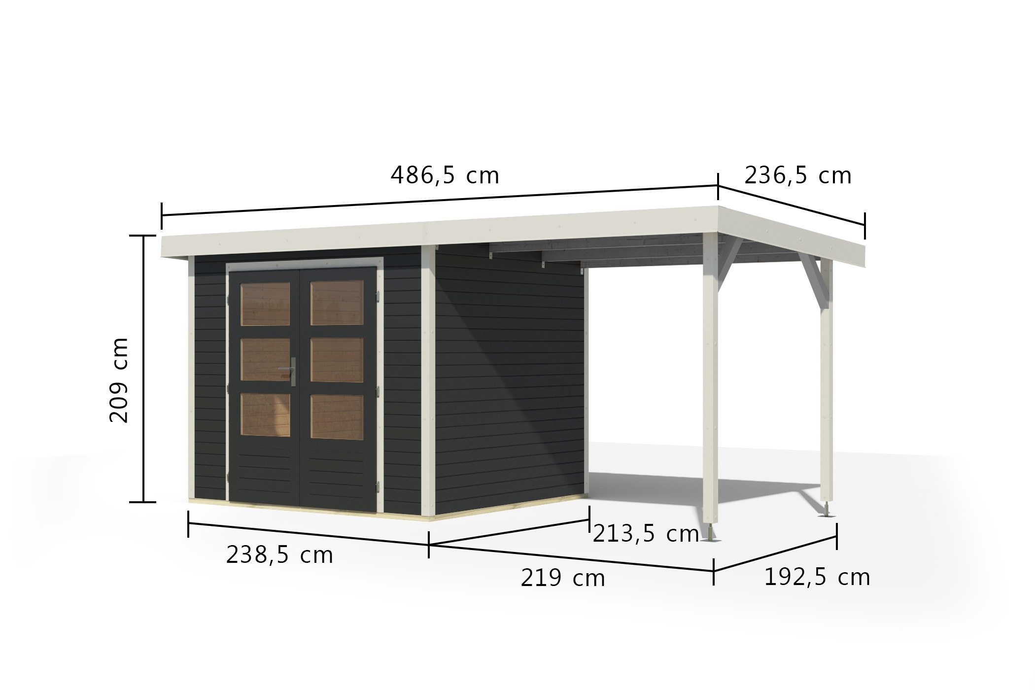 Karibu Gartenhaus »"Jupiter 3 C" SET anthrazit, mit Anbaudach 2,35 m breit«, hochwertige Materialien: nordische Fichte, Stahlecken, Trapezblechdach