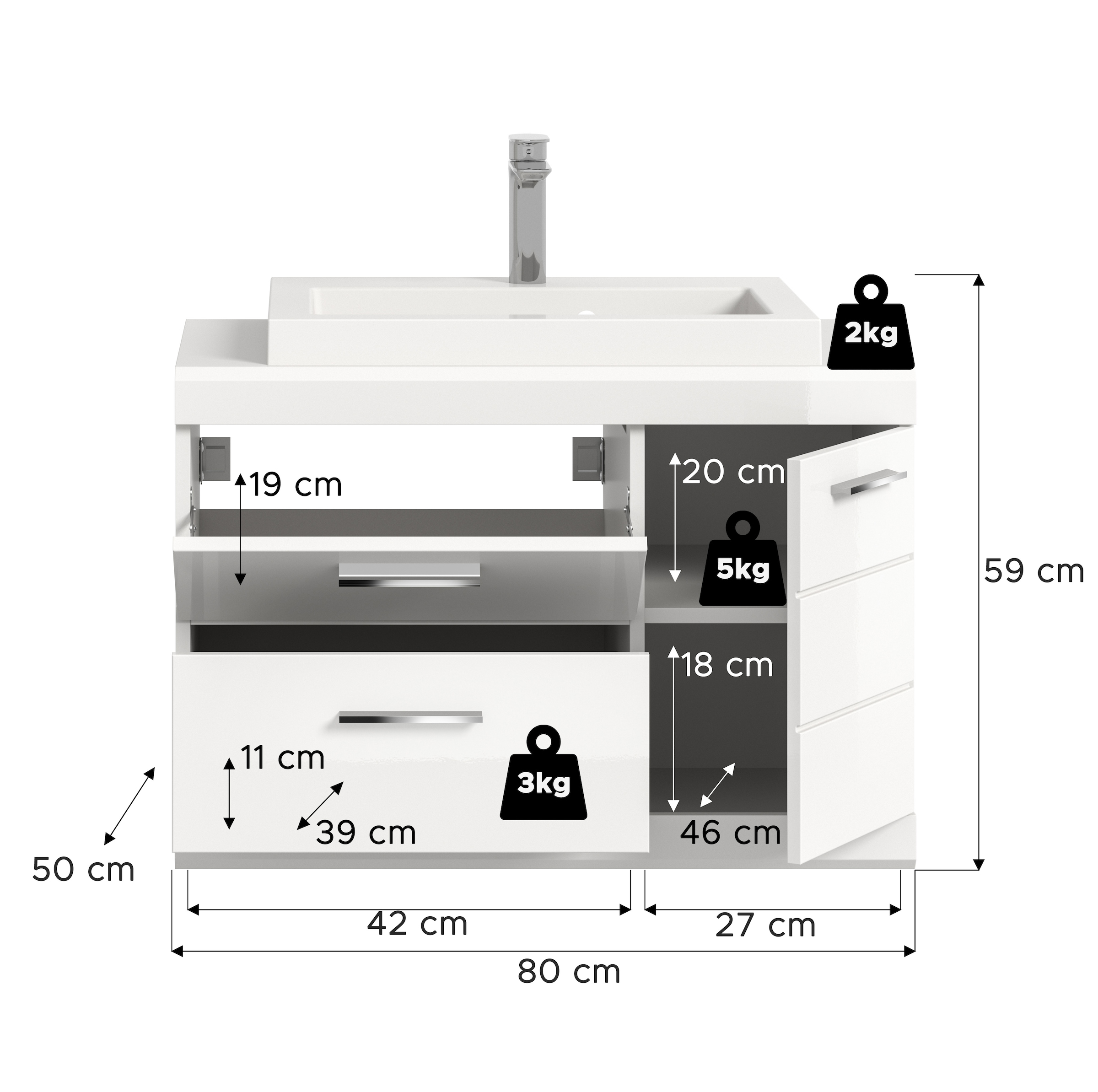 welltime Waschtisch »SIENA, hängend, inkl. Aufsatzwaschbecken, Breite 80 cm, MDF-Front« WBU, Badmöbel, Badschrank, Kommode, Unterschrank, Bad, Hängeschrank