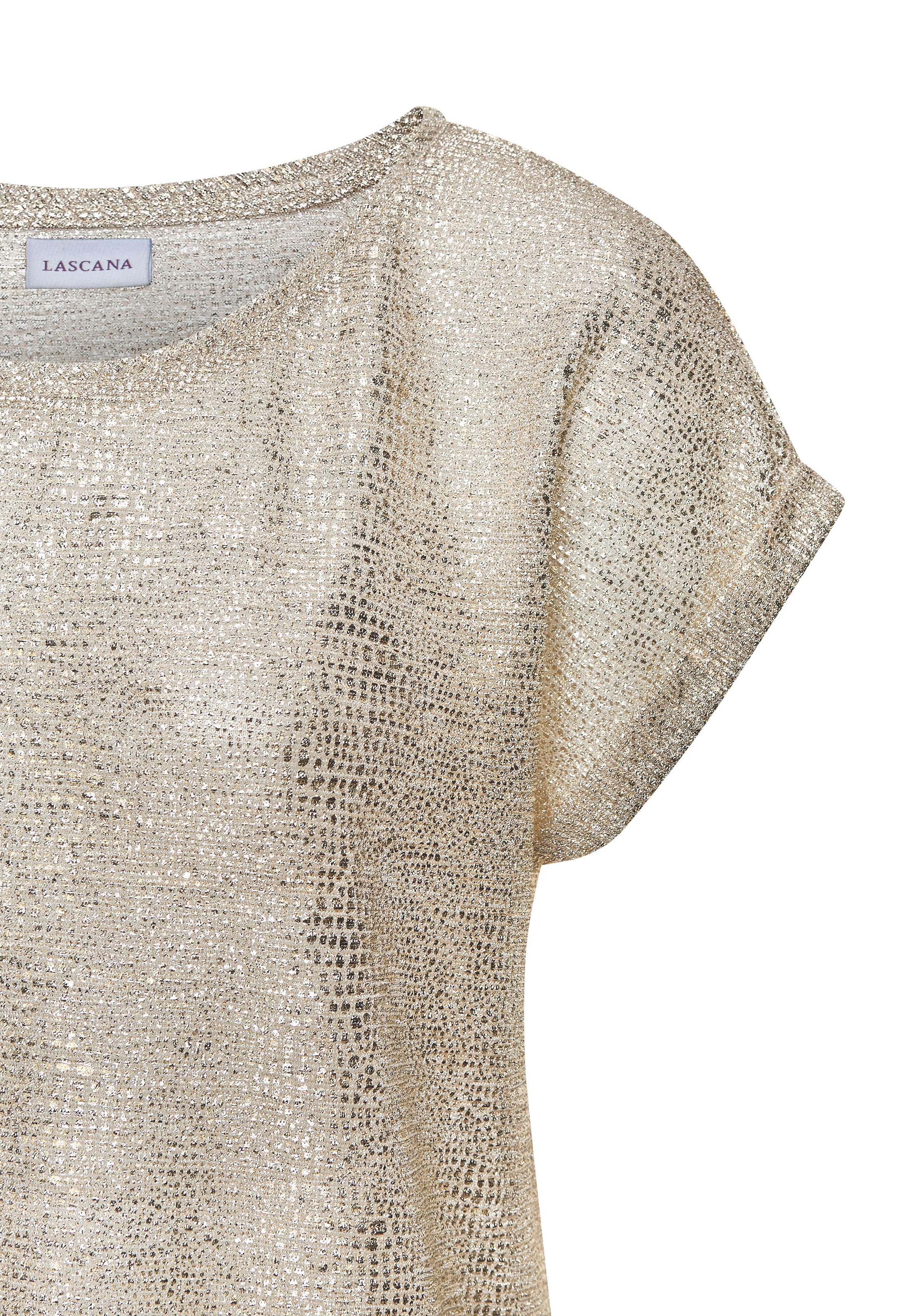 LASCANA Kurzarmshirt, mit goldfarbenem Alloverprint, Folienprint, transparent, festlich