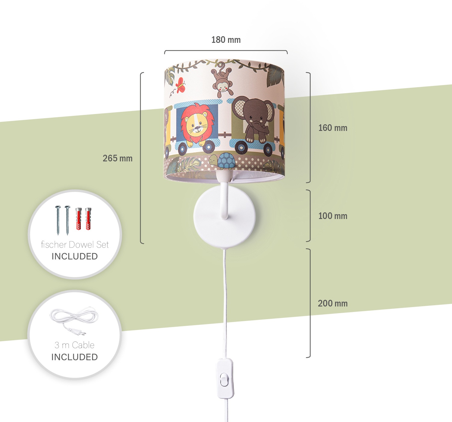 Paco Home Wandleuchte »Diamond 635«, 1 flammig, Leuchtmittel E14 | ohne Leuchtmittel, Kinderlampe Innen Mit âˆ…18cm Zoo Tiere Zug Kabellänge 3m E14