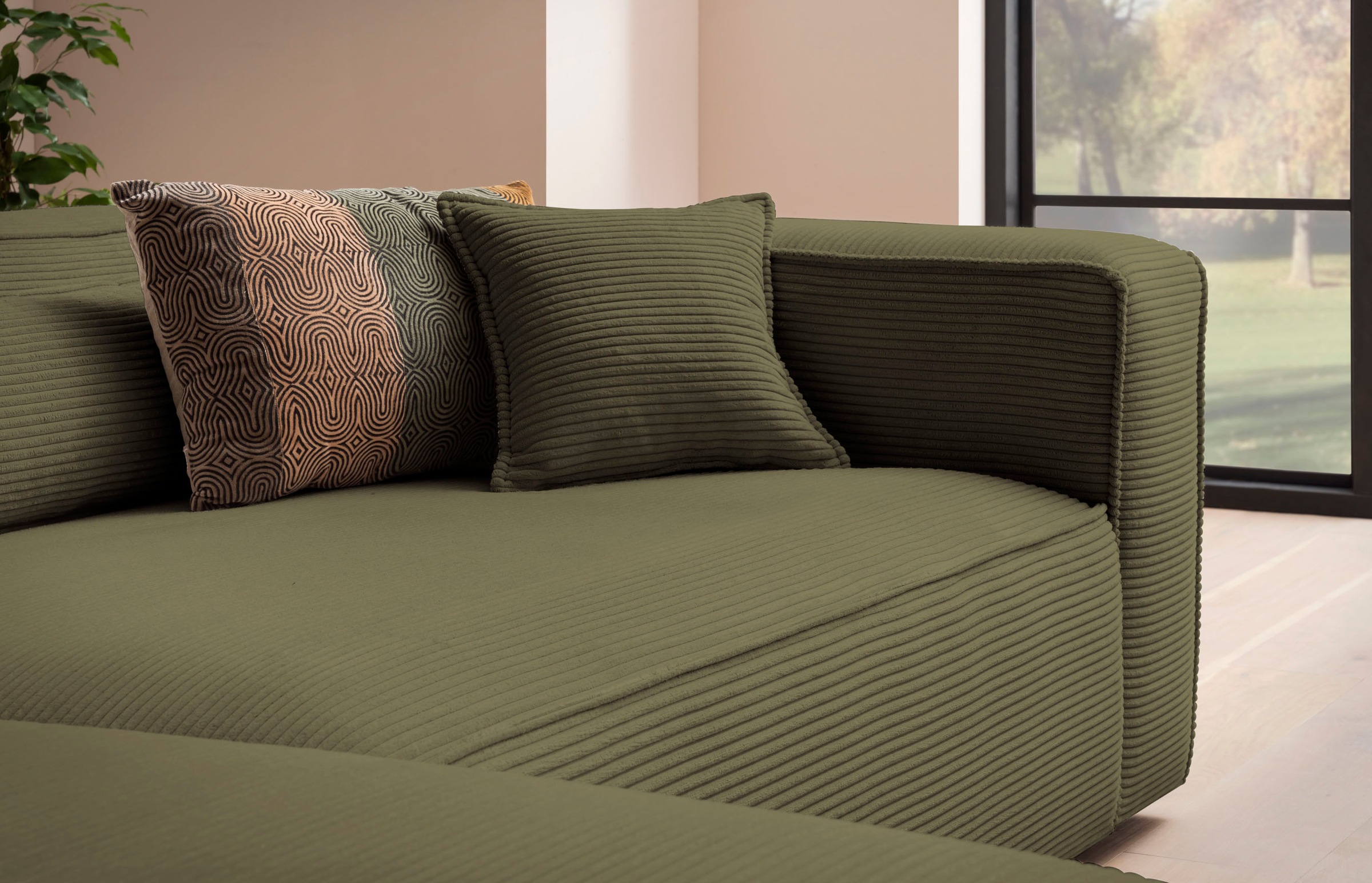 LeGer Home by Lena Gercke Polsterecke »PIARA XXL, L-Form mit Schlaffunktion, Big-Sofa in Cord o. Leinenoptik«, Hocker stellbar zum Schlafsofa (Krokodilverbinder), tiefe Sitzfläche