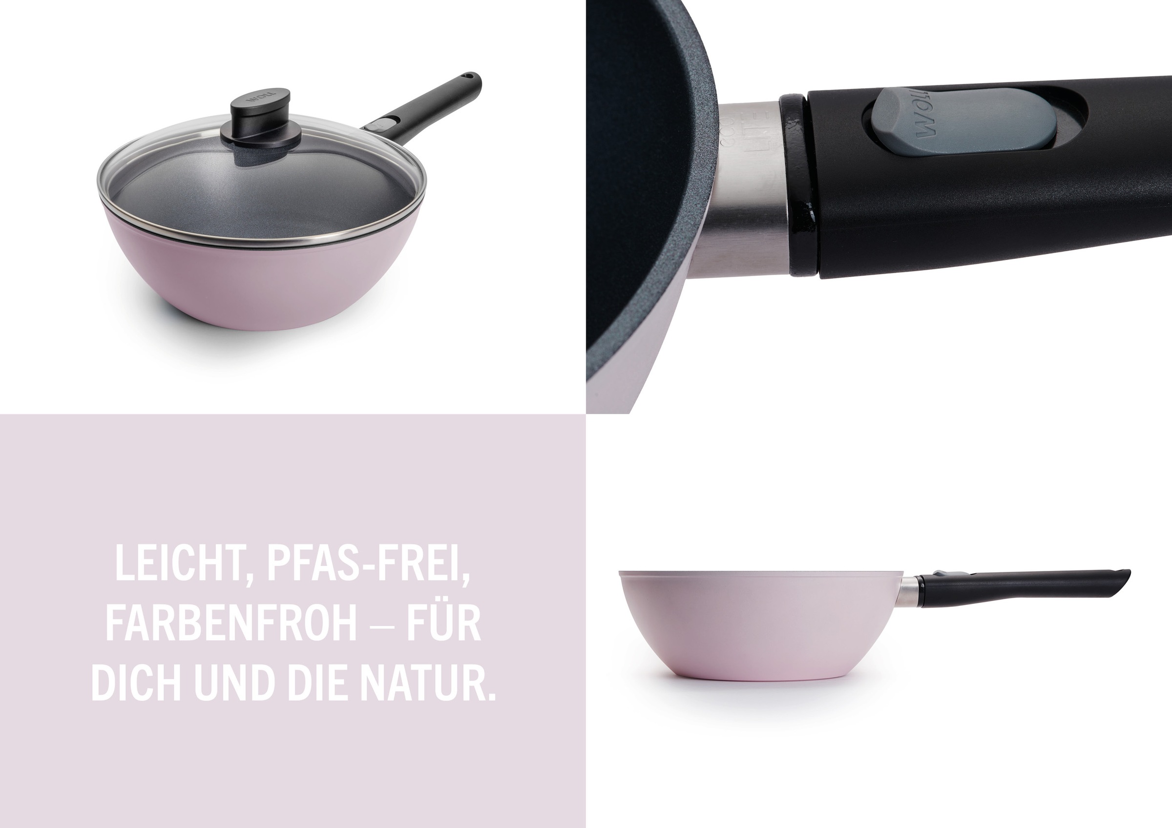 WOLL MADE IN GERMANY Wok »Ecolour Ø 24 cm inkl. Deckel« Aluminiumguss Set, 2 tlg. abnehmbarer Stiel