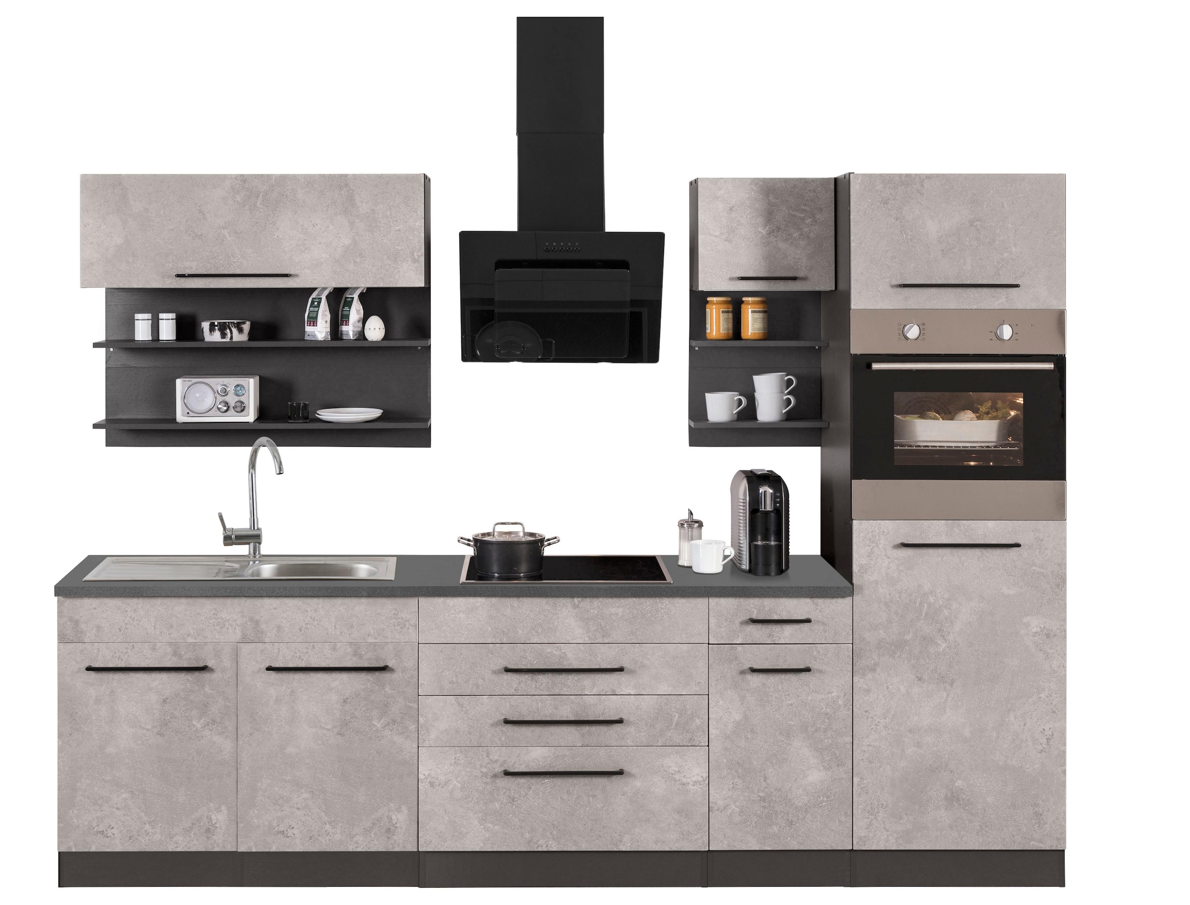 KOCHSTATION Küchenzeile »KS-Tulsa«, ohne E-Geräte, Breite 290 cm, schwarze Metallgriffe, MDF Fronten