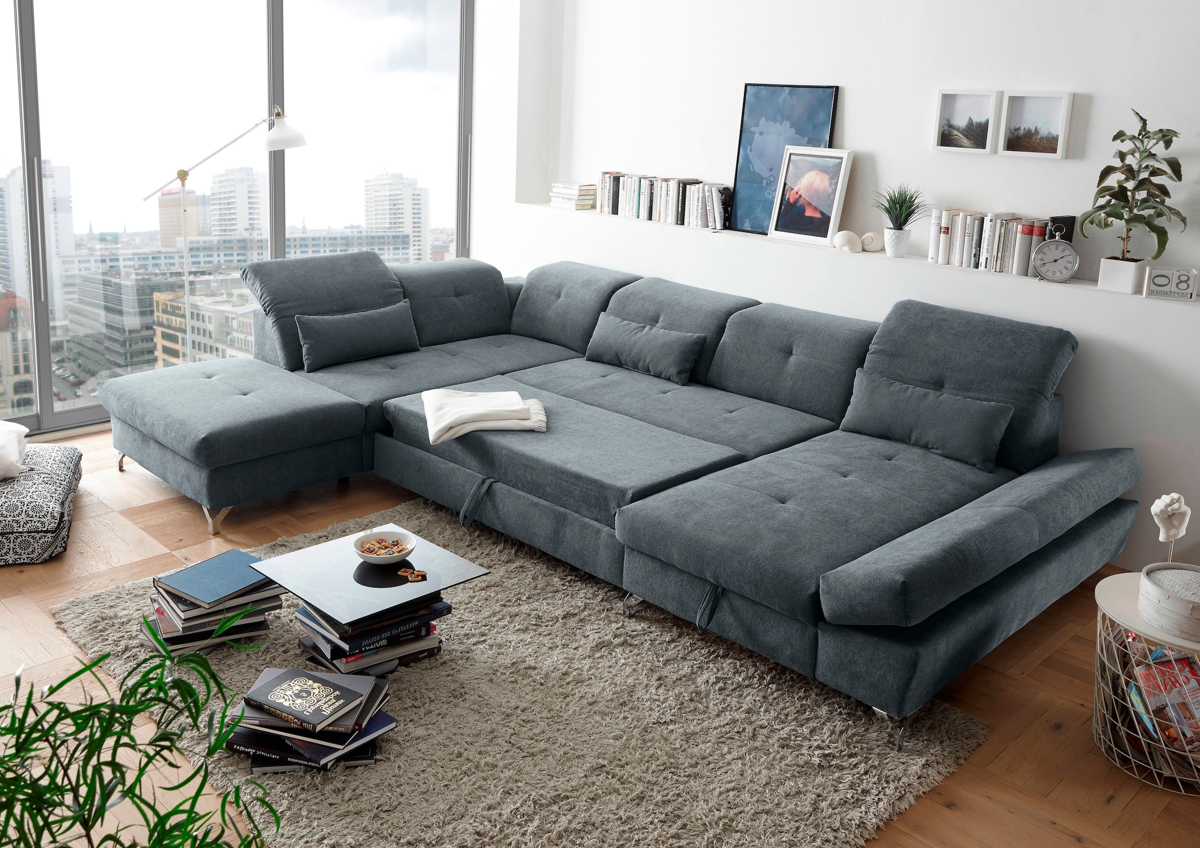 ED EXCITING DESIGN Wohnlandschaft »Melfi U-Form mit Bettfunktion, Bettkasten«, Arm- & Kopfteilverstellung & 3 Nierenkissen