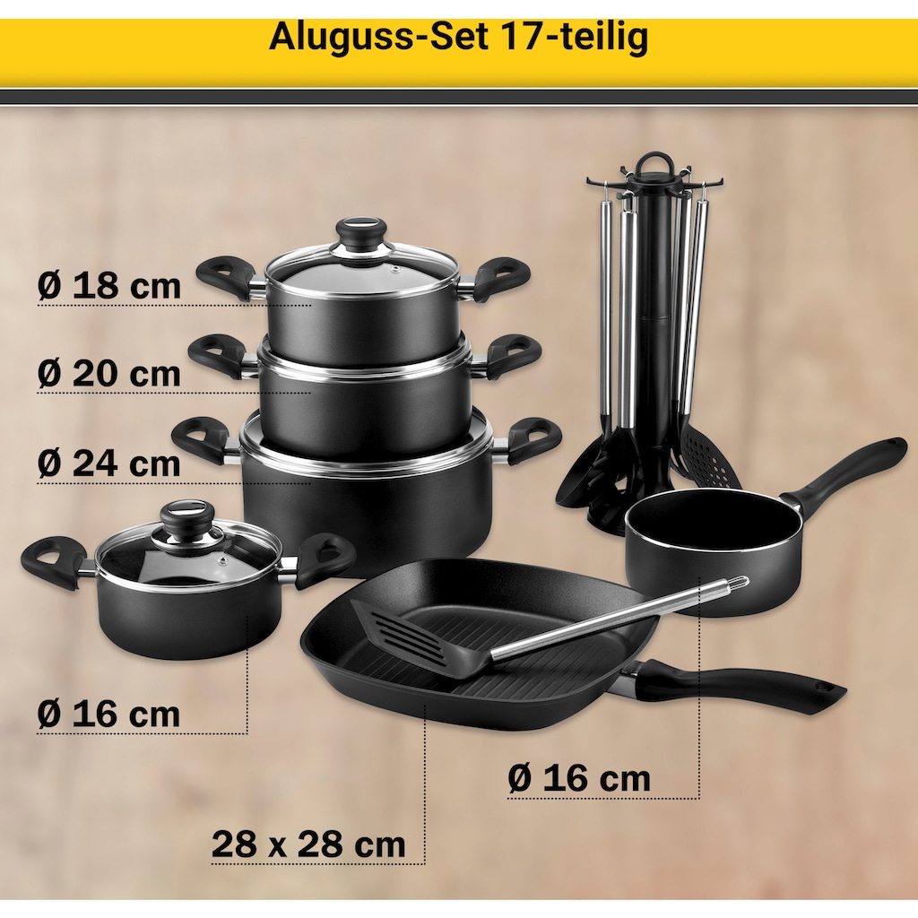 Krüger Topf-Set »Aluguss Topf- und Pfannenset inkl. praktischen Küchenhelfern, 17 tlg.«, Aluminiumguss, (Set, 17 tlg., Fleischtopf 16/18/20/24cm, Stieltopf 16cm Steakpfanne 7 T.Küchenhelfer)