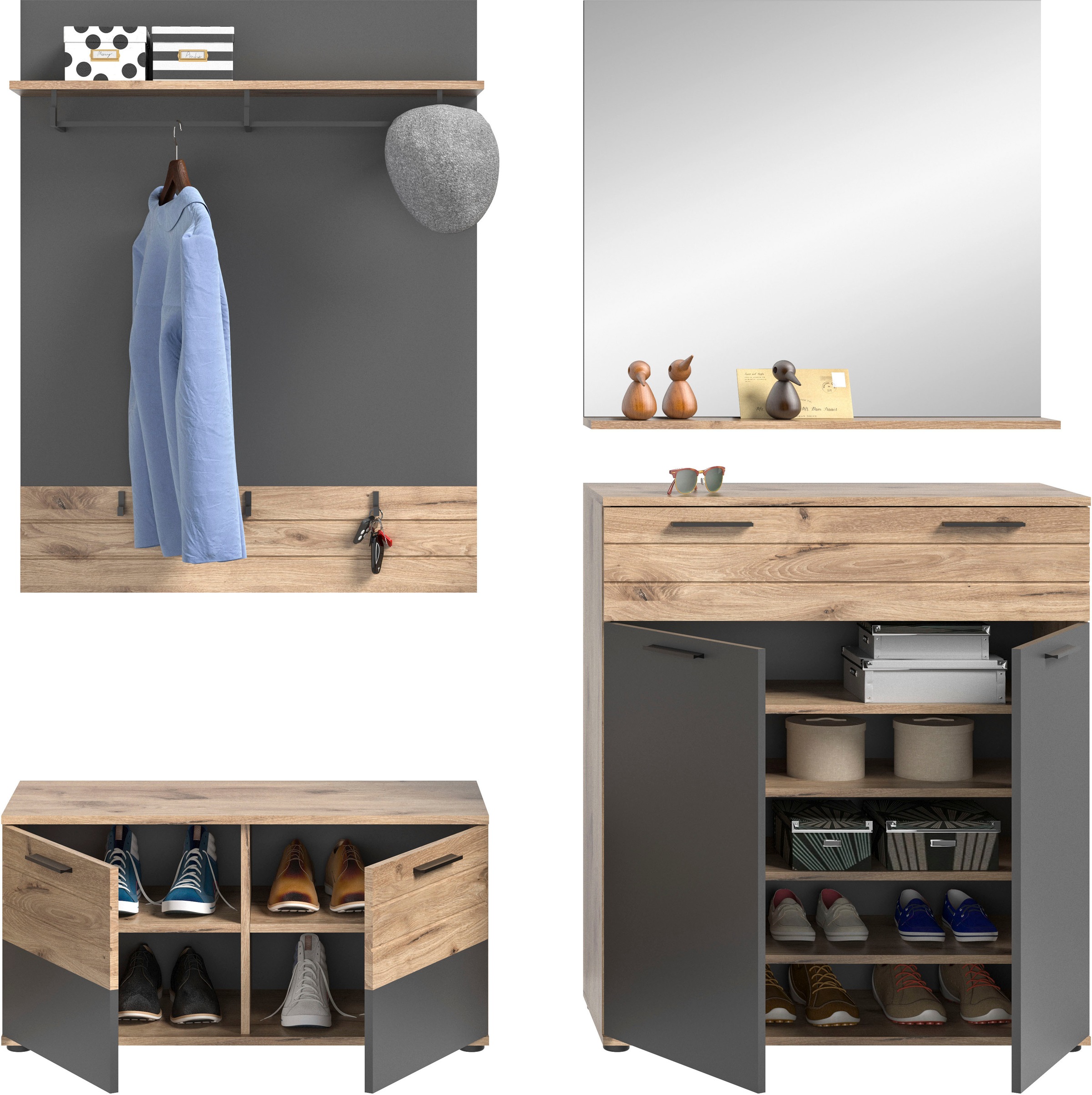 INOSIGN Garderoben-Set »Riga, Breite 195 cm, hochwertige Rillenfräsung, 4-teilig, best. aus:«, (Set, 4 St.), Sitzbank, Paneel, Garderobenspiegel, Schuhkommode