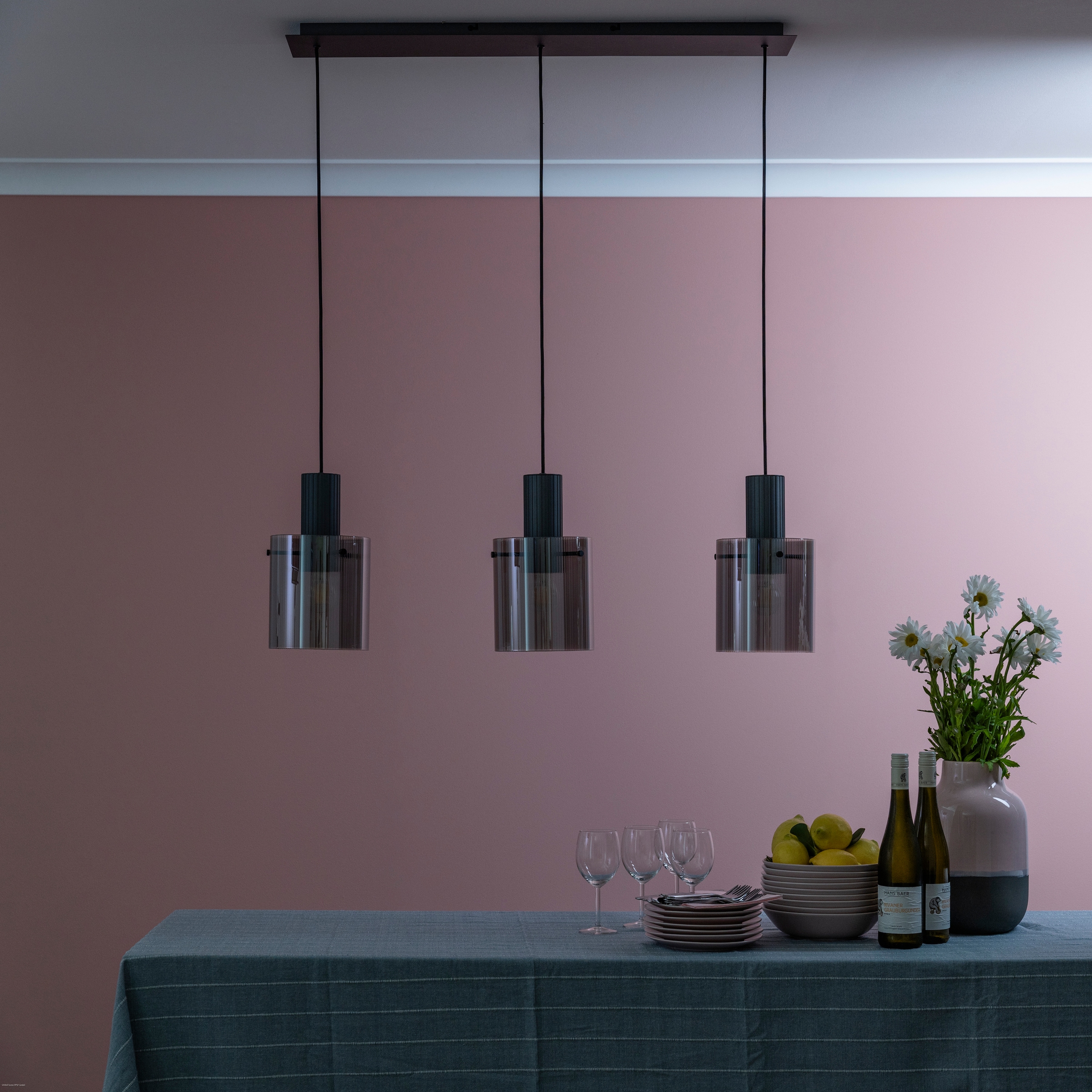 Brilliant Pendelleuchte »Riffelini«, 3 flammig, Leuchtmittel E27 | ohne Leuchtmittel, 150 x 98 x 18 cm, 3x E27, kürzbar, geriffeltes Rauchglas, anthrazit