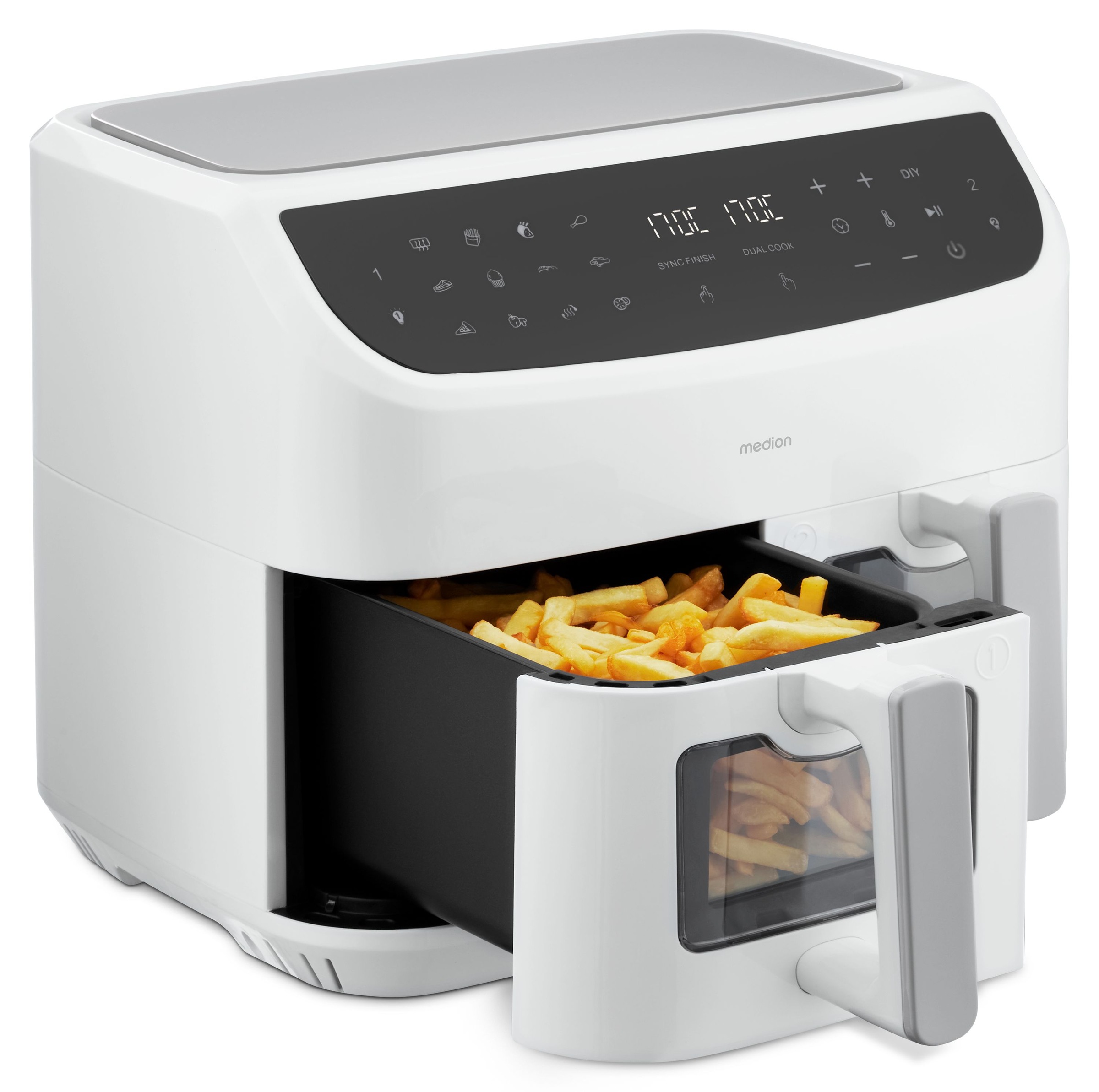 Medion® Heißluftfritteuse »P20 XL (MD 11760) 8,7 L Korbvolumen, 9 Automatikprogramme, Dual Cook«, 2400 W, Temperatur 50 - 200 °C, ILAG Beschichtung, Sync-Finish