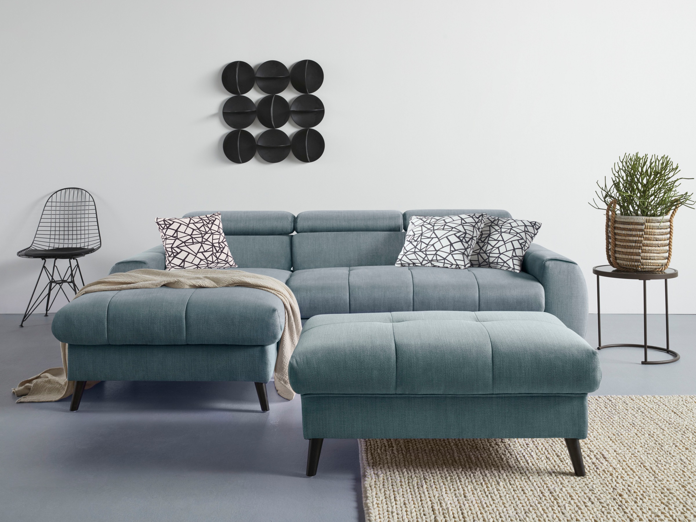 COTTA Ecksofa »Mia L-Form mit 3 Zierkissen«, wahlweise mit Bettfunktion, Bettkasten, Beleuchtung & Wireless-Charger