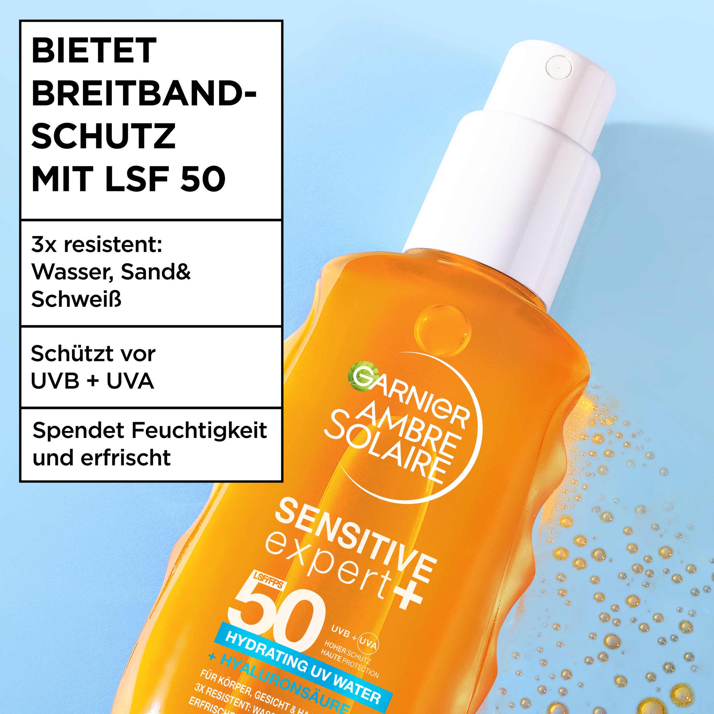 GARNIER Sonnenschutzspray »Garnier Ambre Solaire Sensitive Expert + Hydrating UV Water LSF 50«