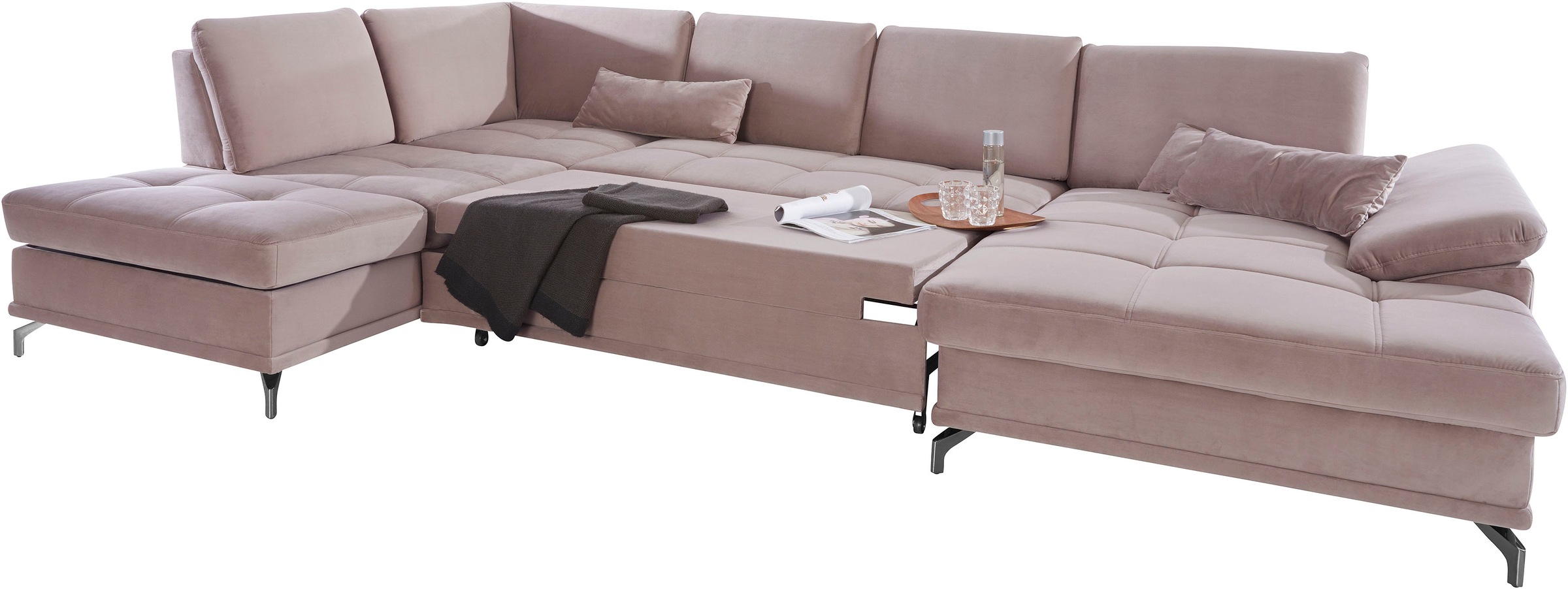 Places of Style Wohnlandschaft »Costello U-Form, B: 363 cm mit Sitztiefen-, Armteilverstellung &«, 3 Nierenkissen, optional Bettfunktion & Bettkasten