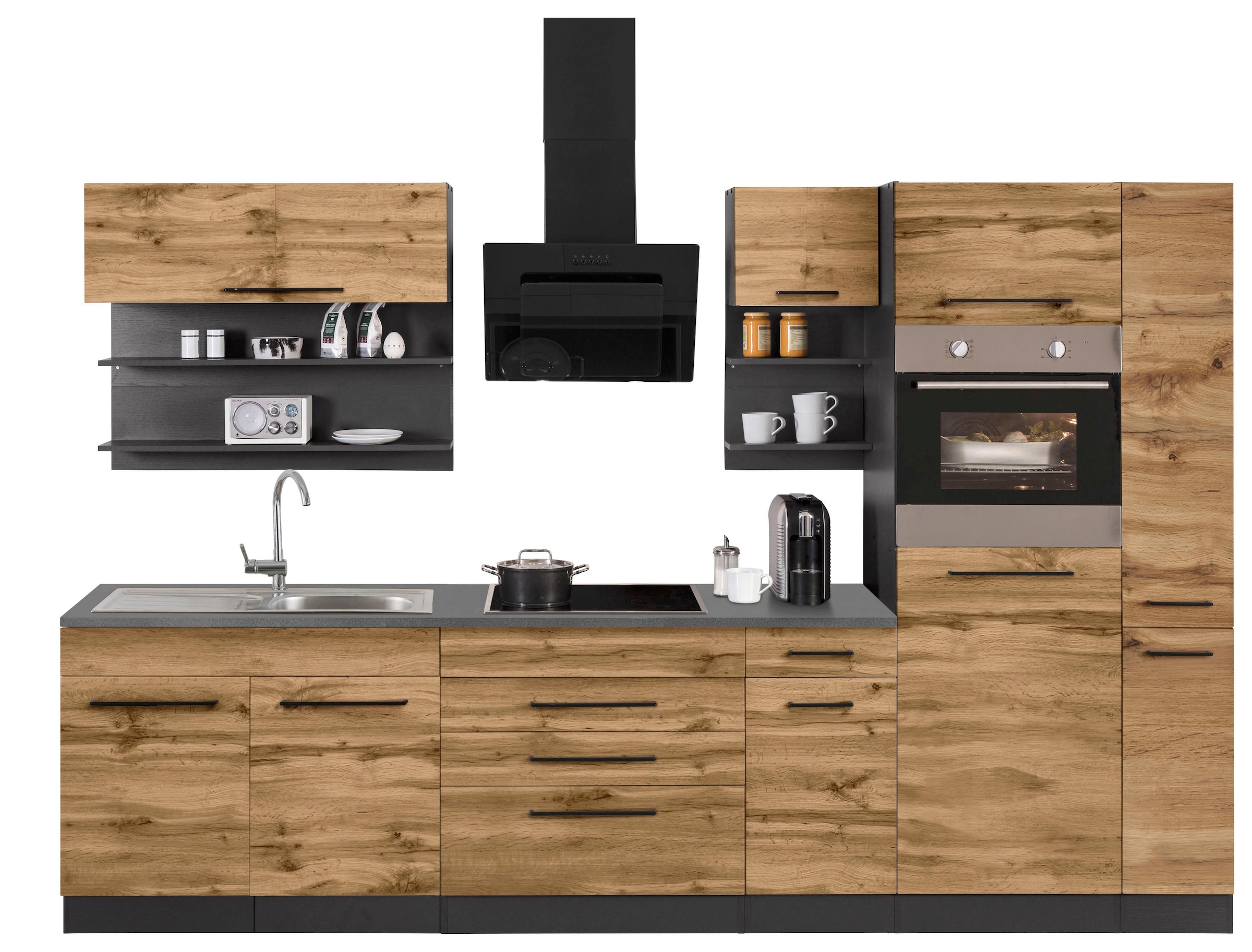 KOCHSTATION Küchenzeile »KS-Tulsa«, ohne E-Geräte, Breite 320 cm, schwarze Metallgriffe, MDF Fronten