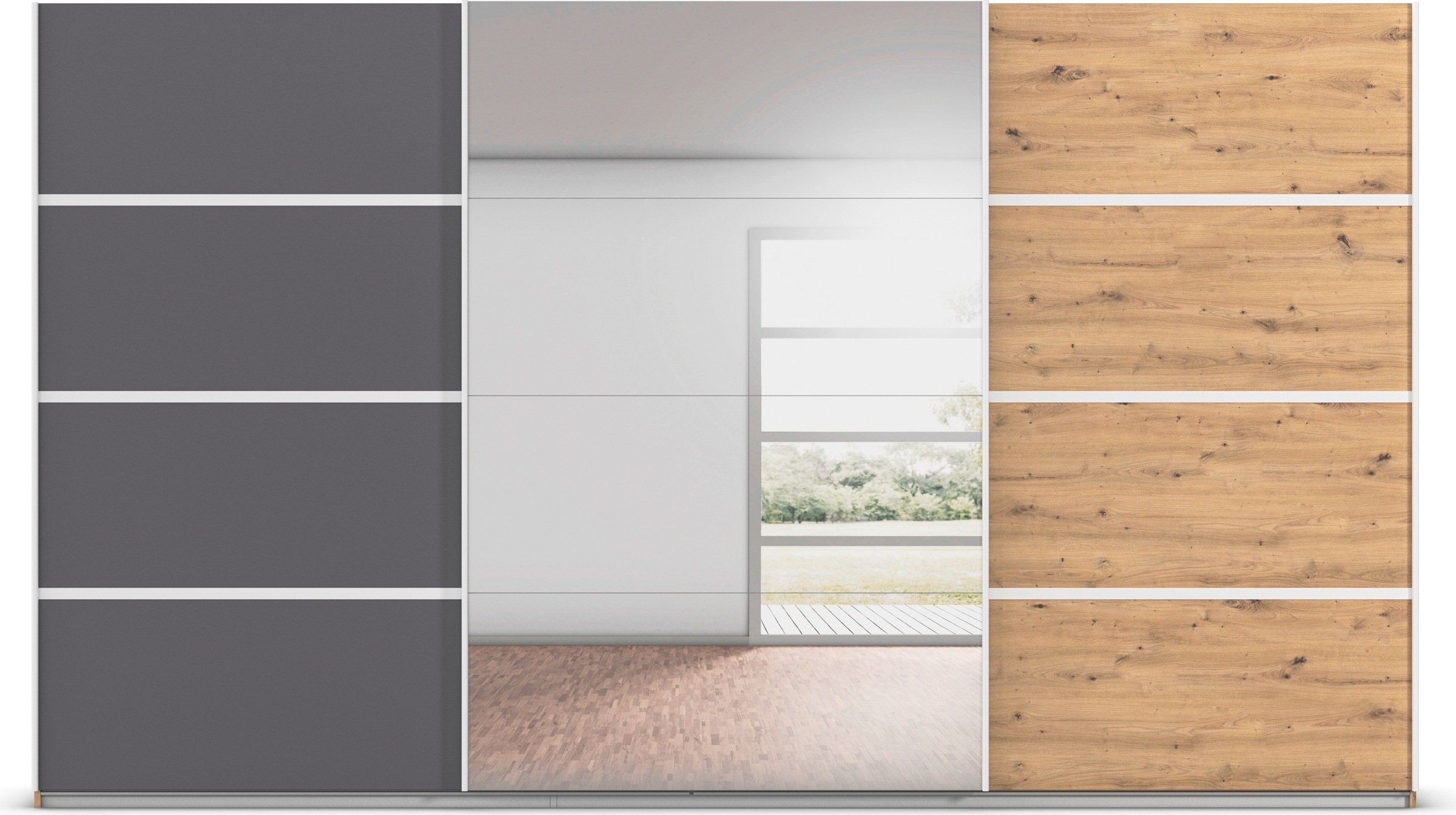 rauch Kleiderschrank »Schwebetürenschrank Garderobe Schrank TOP ANGEBOT Avola«, (in 3 verschiedenen Ausstattungen BASIC/CLASSIC/PREMIUM inkl. Spiegel), mit eleganten Zierleisten in Chrom, Schwarz oder Weiß MADE IN GERMANY