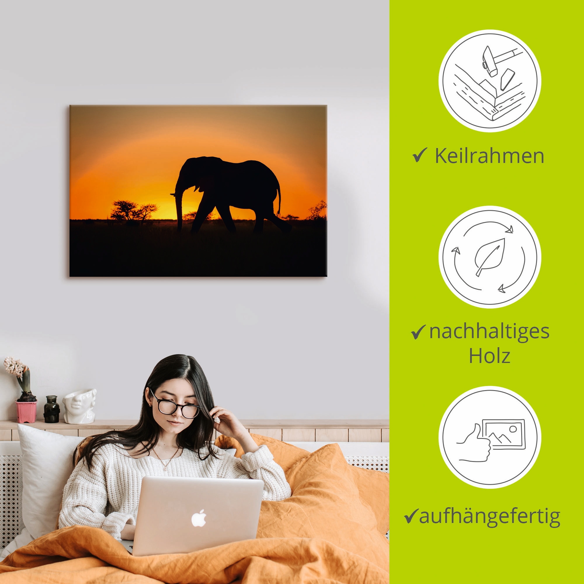 Artland Leinwandbild »Afrikanischer Elefant im Sonnenuntergang«, Wildtiere, (1 St.), auf Keilrahmen gespannt