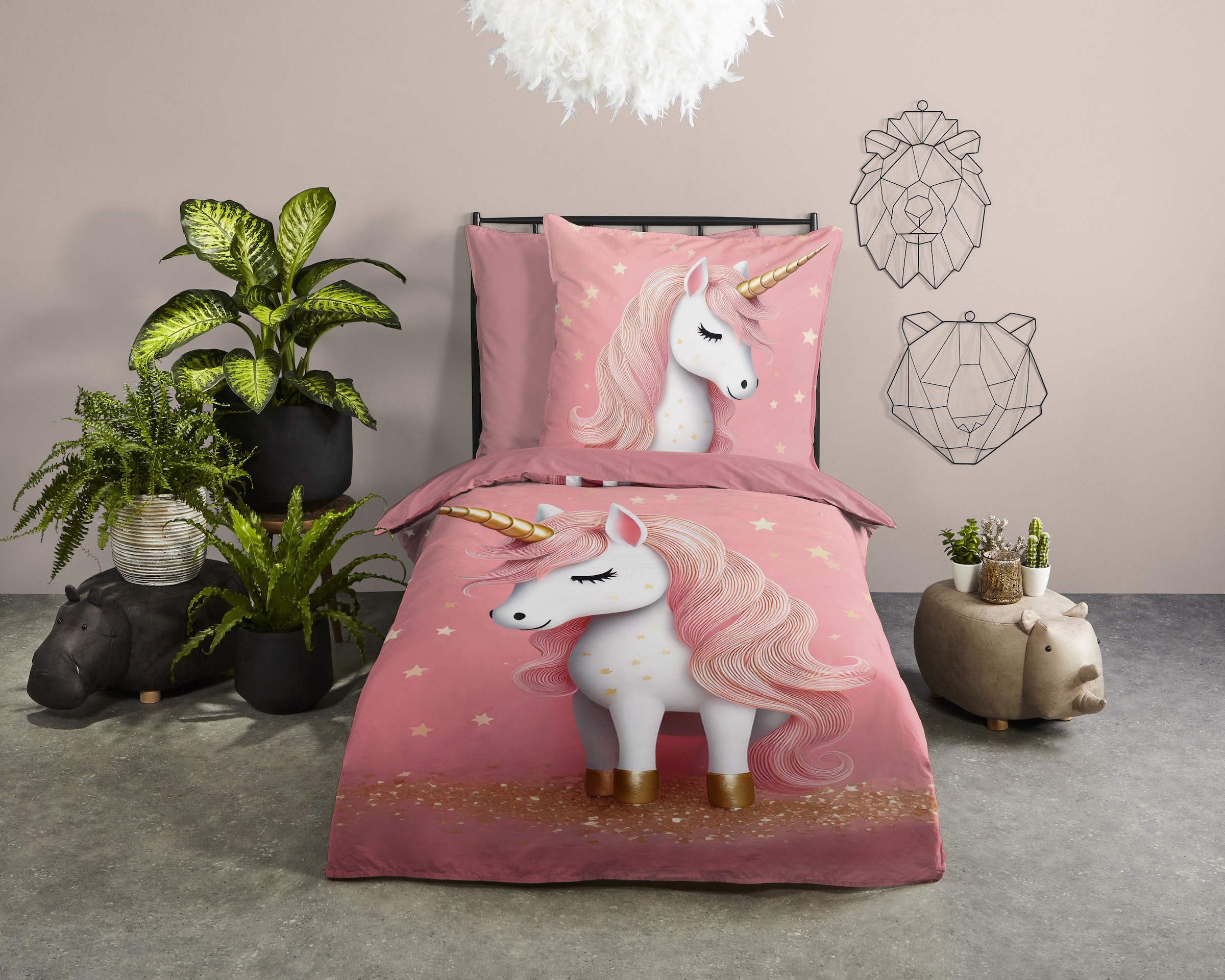 PURE luxury collection Kinderbettwäsche »Sparkles« 2 Mikrofaser, 135x200, 2 Teilig, Wendeoptik, Mädchen, Einhorn, Rosa