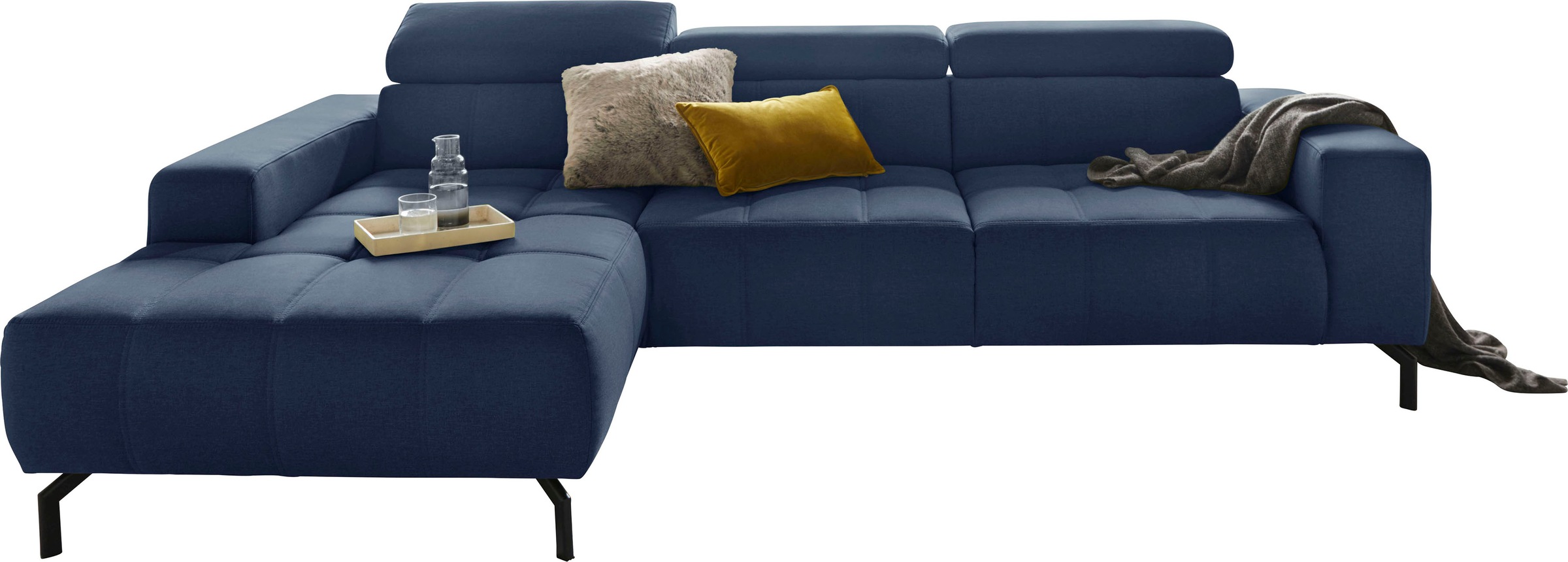 DOMO collection Ecksofa »Cunelli tolle Sitznähte als Designelement, fester Sitzkomfort, L-Form«, wahlweise mit 6-fach verstellbarer Kopfteilverstellung, bodenfrei