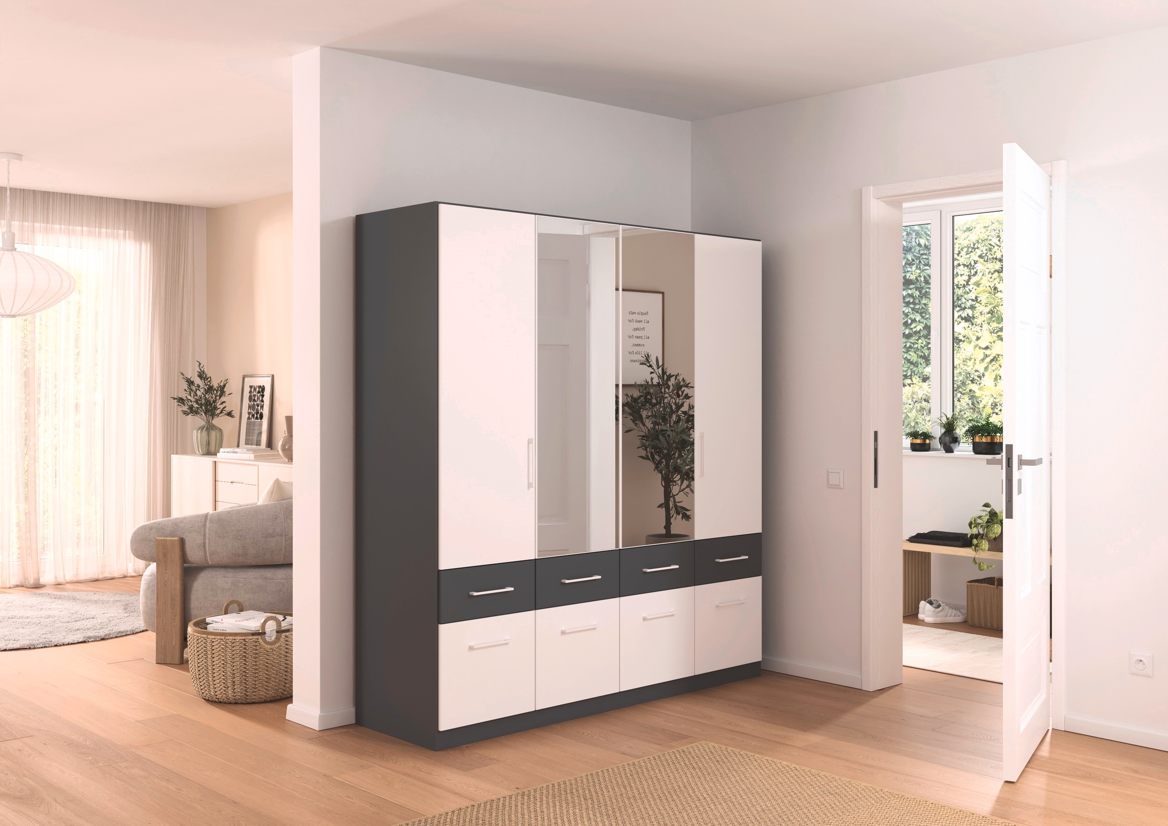 rauch Kleiderschrank »Kleiderschrank Schrank Garderobe Wäscheschrank DUNDEE«, (mit 3 Griff-Varianten), Schubladen in zwei Höhen, optional mit Spiegel MADE IN GERMANY