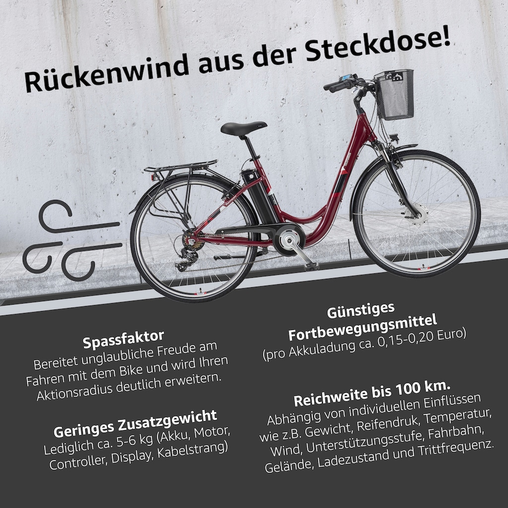 Telefunken E-Bike »Multitalent RC822«, 7 Gang, Shimano, Tourney, Frontmotor 250 W, (ca. 100 km Reichweite-2 V-Bremsen-Beleuchtung-Straßenzulassung), City Elektrofahrrad, Pedelec, Damen Herren, 28 Zoll, 36 V 374 Wh Akku