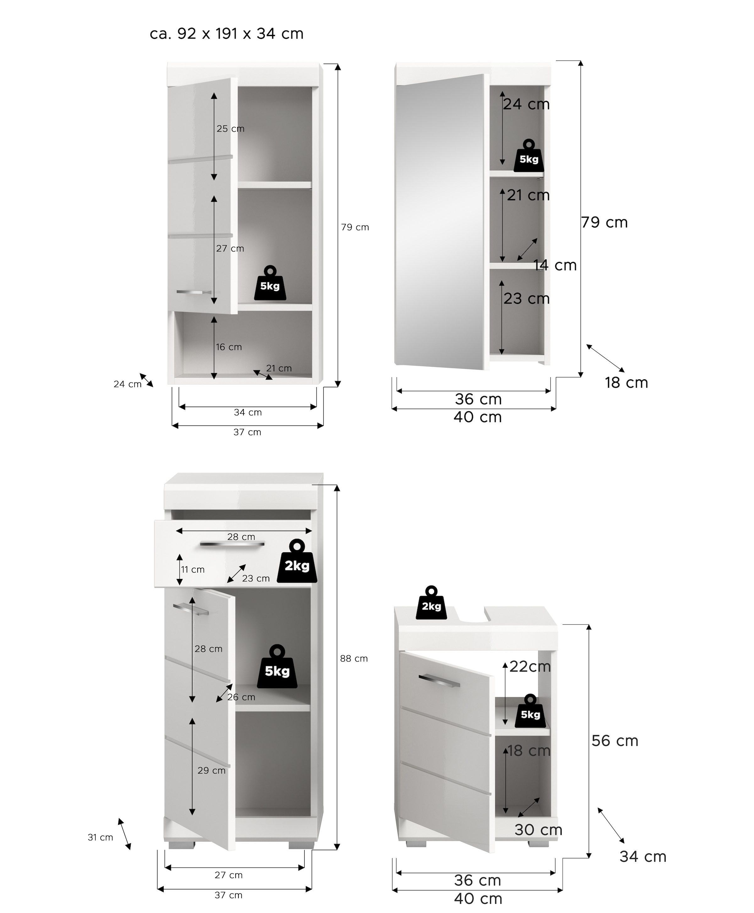 welltime Badmöbel-Set »SIENA, 4-tlg., WBU, Spiegelschrank, Hänge- & Unterschrank, MDF-Front«