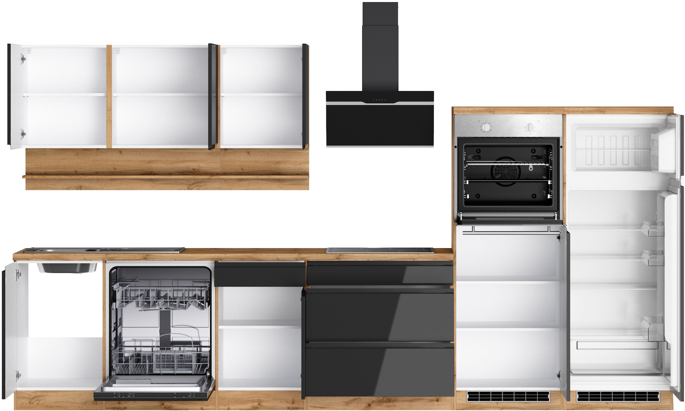 KOCHSTATION Küchenzeile »KS-Virginia,neu in verbesserter Ausführung« Arbeitsplatte 38 mm stark, Stauraum, Softclose,  Breite 360 cm, Softclose, wahlweise mit E-Geräten und Induktion