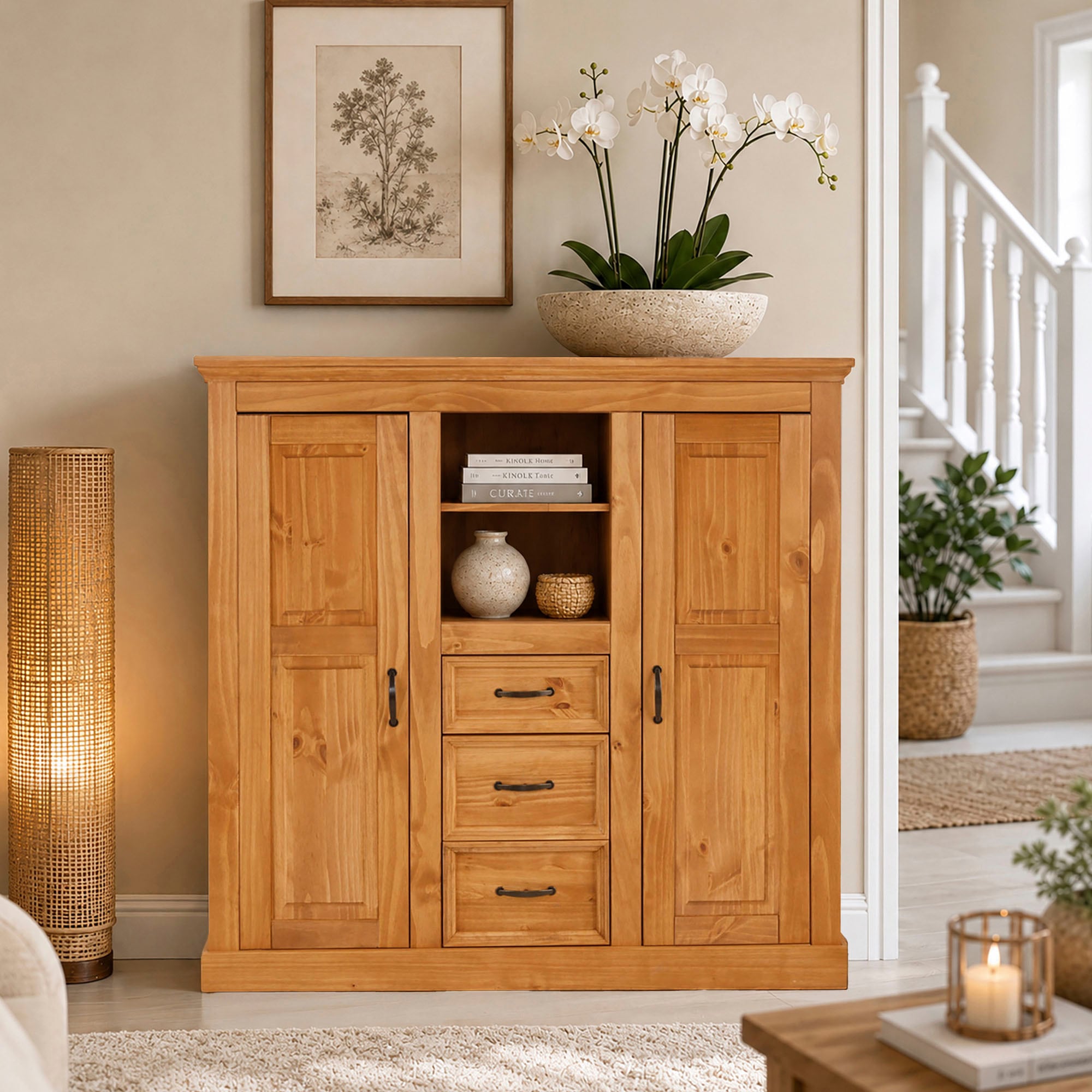 OTTO home Highboard »Selma Kommode mit 2 Türen, 3 Schubläden und 8 Fächer, Metallgriffe« massives Kiefernholz, natürliche Maserung & Metallgriffe, 130cm breit