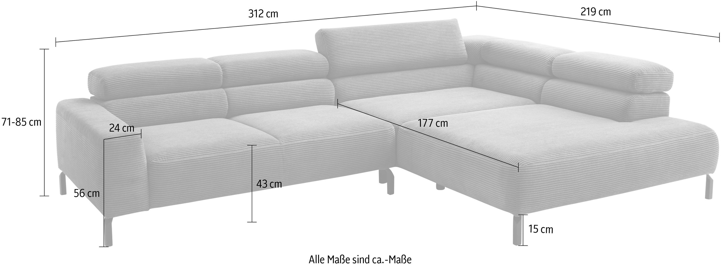 Home affaire Ecksofa »Antonelli, L-Form,  inkl. Kopfteilverstellung, Breite 312 cm« ohne Sitztiefenverstellung, in Cord, oliv