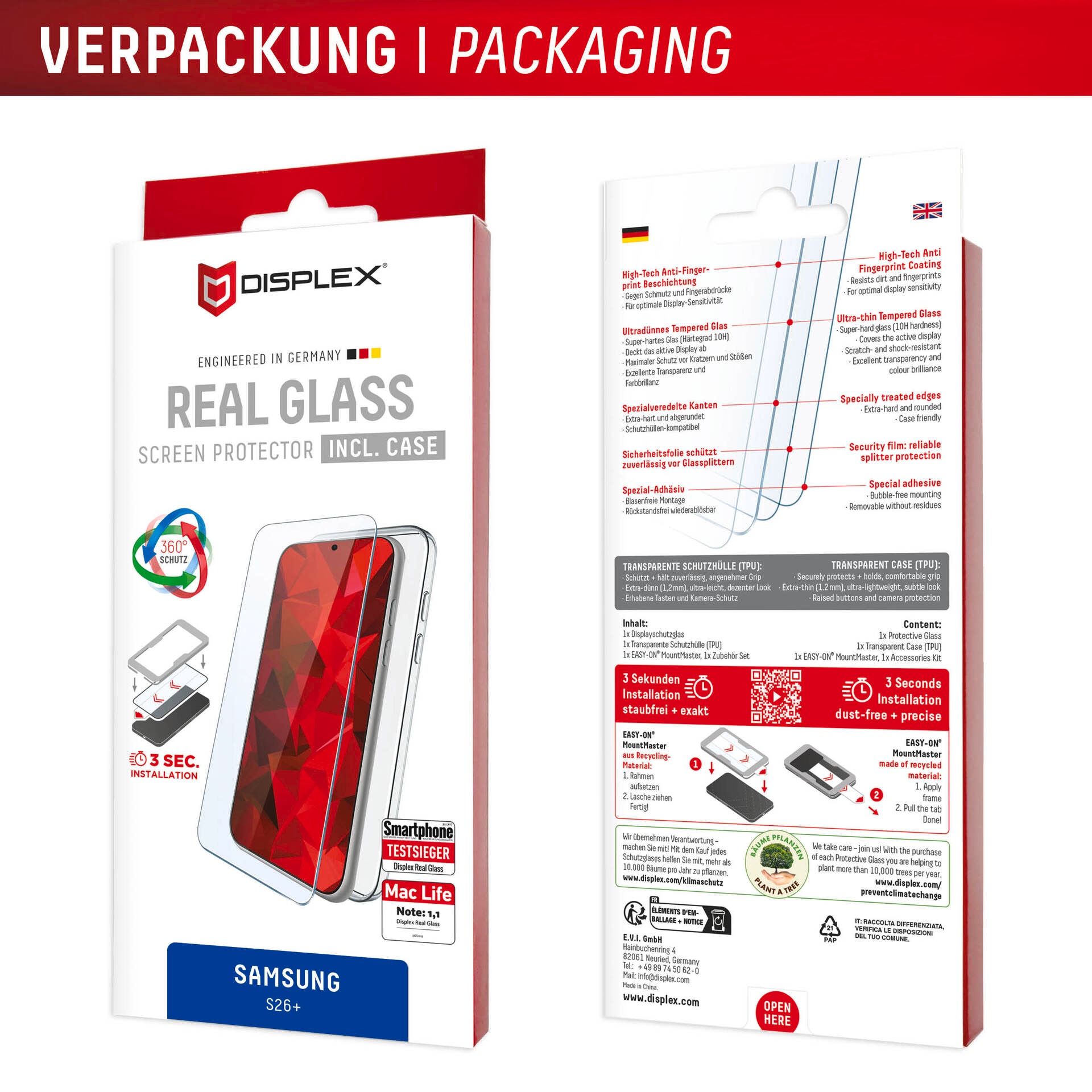 Displex Displayschutzglas »Real Glass Screen Protector inkl. Case mit MountMaster« für Samsung Galaxy S26+ Displayschutzfolie, Schutzfolie, Bildschirmschutz, kratz- & stoßfest