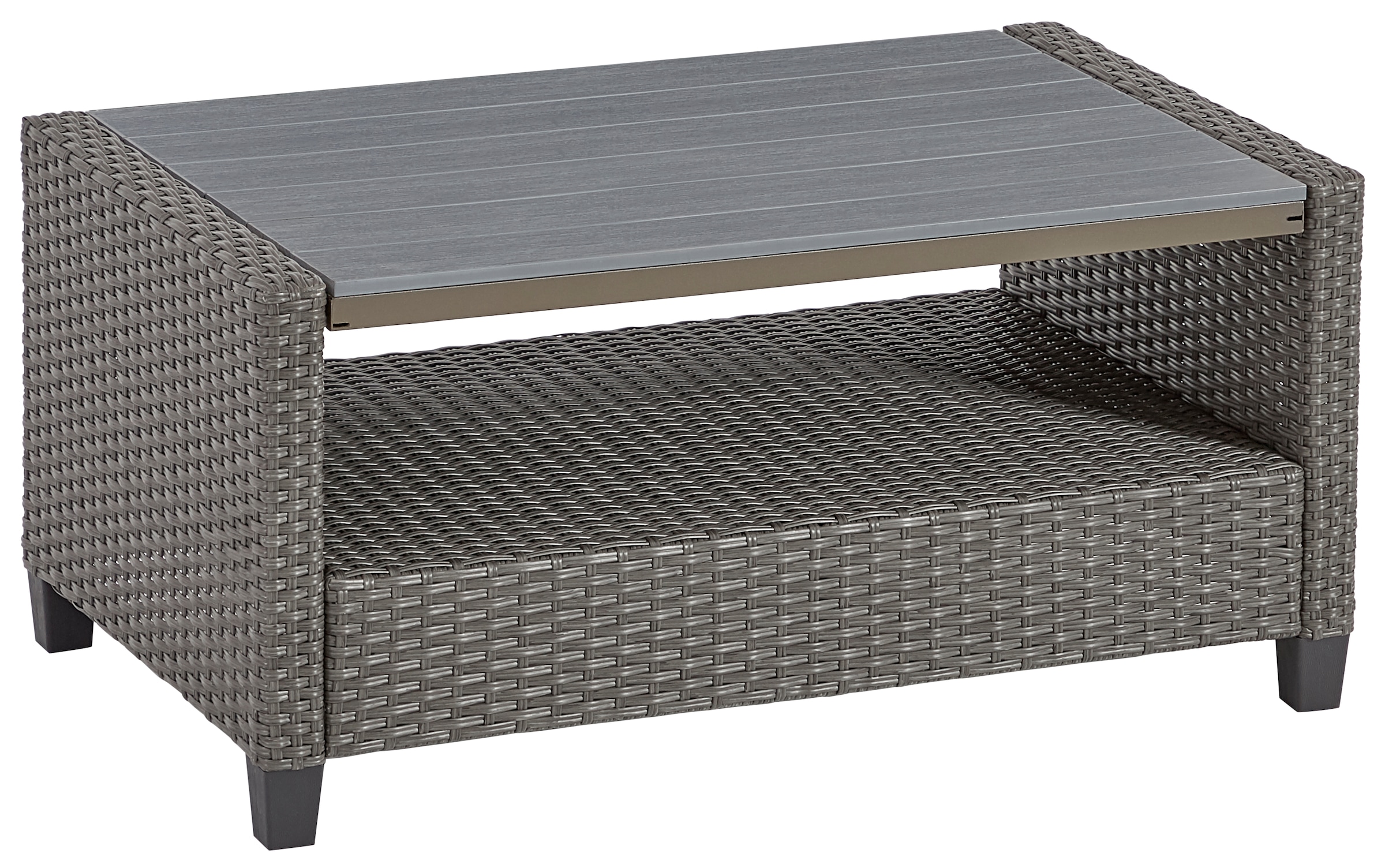 KONIFERA Gartenlounge-Set »Cordoba«, (Set, 11 tlg., 2x Bank, 1x Sessel, 1x Tisch 90x55x43cm, inkl. Auflagen), Polyratten, Stahl, Tischplatte aus Nonwood, geeignet für 4 Personen