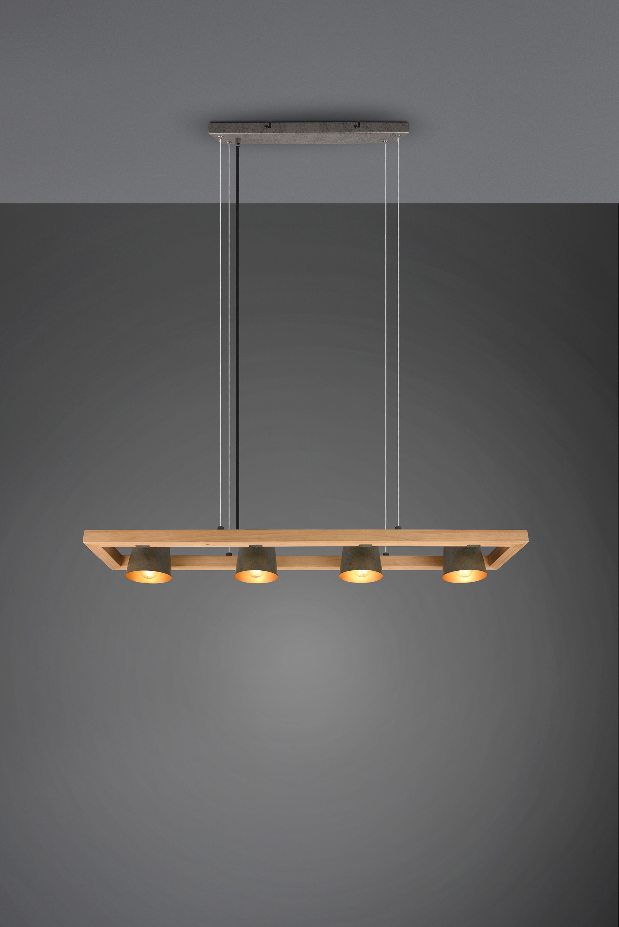 TRIO Leuchten Pendelleuchte »Bell«, 4 flammig, Leuchtmittel E14 | ohne Leuchtmittel-Leuchtmittel wechselbar, aus Holz mit Schirmen in Glocken-Design / Schirme nickel antik Optik