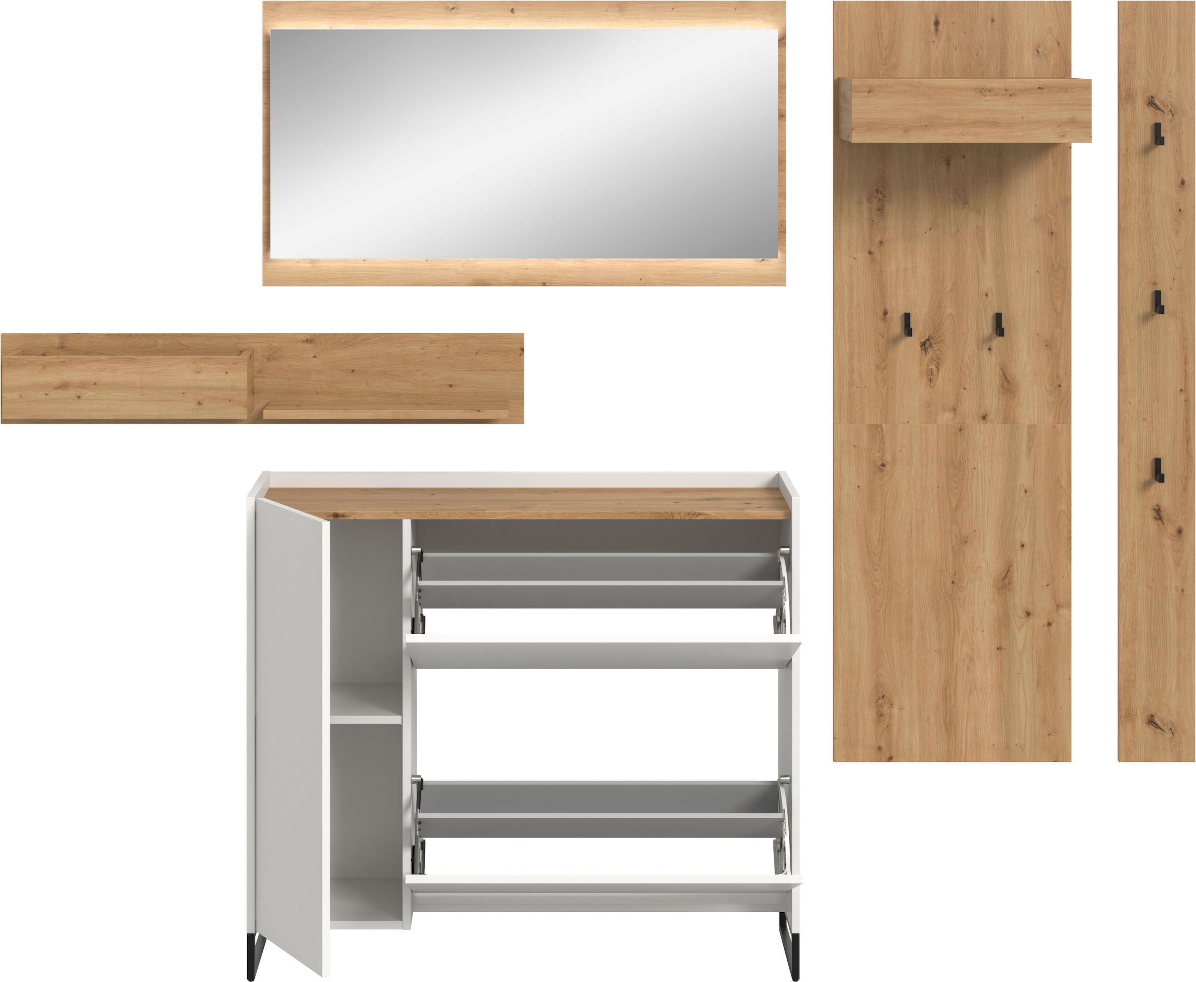 INOSIGN Garderoben-Set »EVRID, 5-teilig, Breite 236 cm, inkl. Beleuchtung« best. aus: Wandboard, Kommode, Spiegel, Garderobenpaneel, Hakenleiste, 5 Stk. tlg. Garderobenkombination, Garderobe, Wandgarderobe, Flur, Diele
