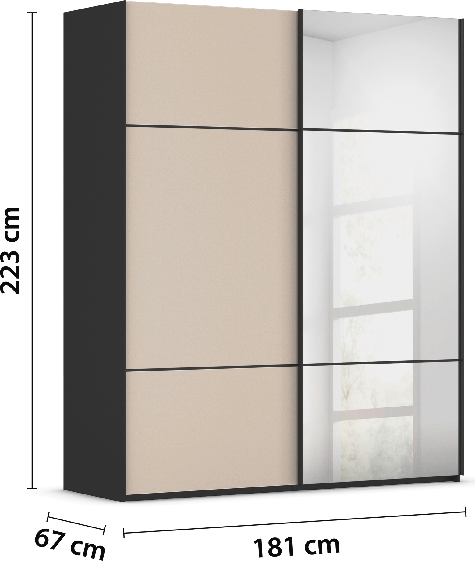 rauch Schwebetürenschrank »Kleiderschrank Schrank Garderobe Schlafzimmerschrank SCALE-TRIO«, edle dreigeteilte Front mit 2 Zierleisten Spiegel/Glas MADE IN GERMANY