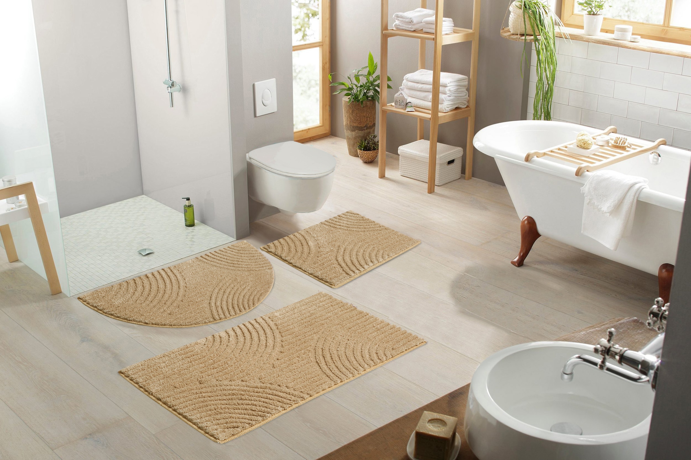 my home Badematte »Ognon, Scandi, Boho, modernes Muster«, rutschhemmend beschichtet, fußbodenheizungsgeeignet-schnell trocknend-strapazierfähig, Badteppich, Uni Farben, Hoch-Tief-Effekt
