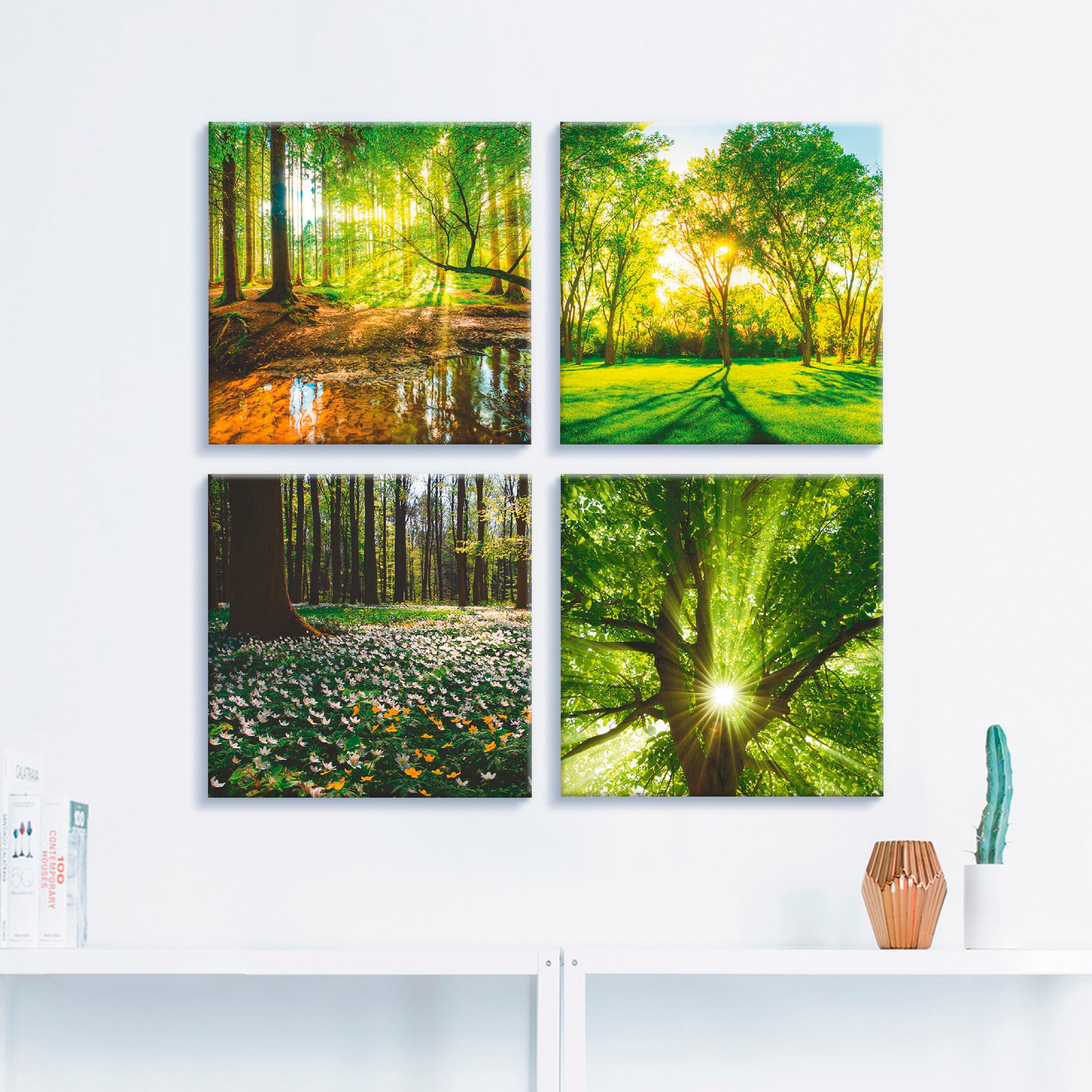Artland Leinwandbild »Wald Bach Frühling Windrosen Sonne Baum« Wald 4 Stk. günstig online kaufen